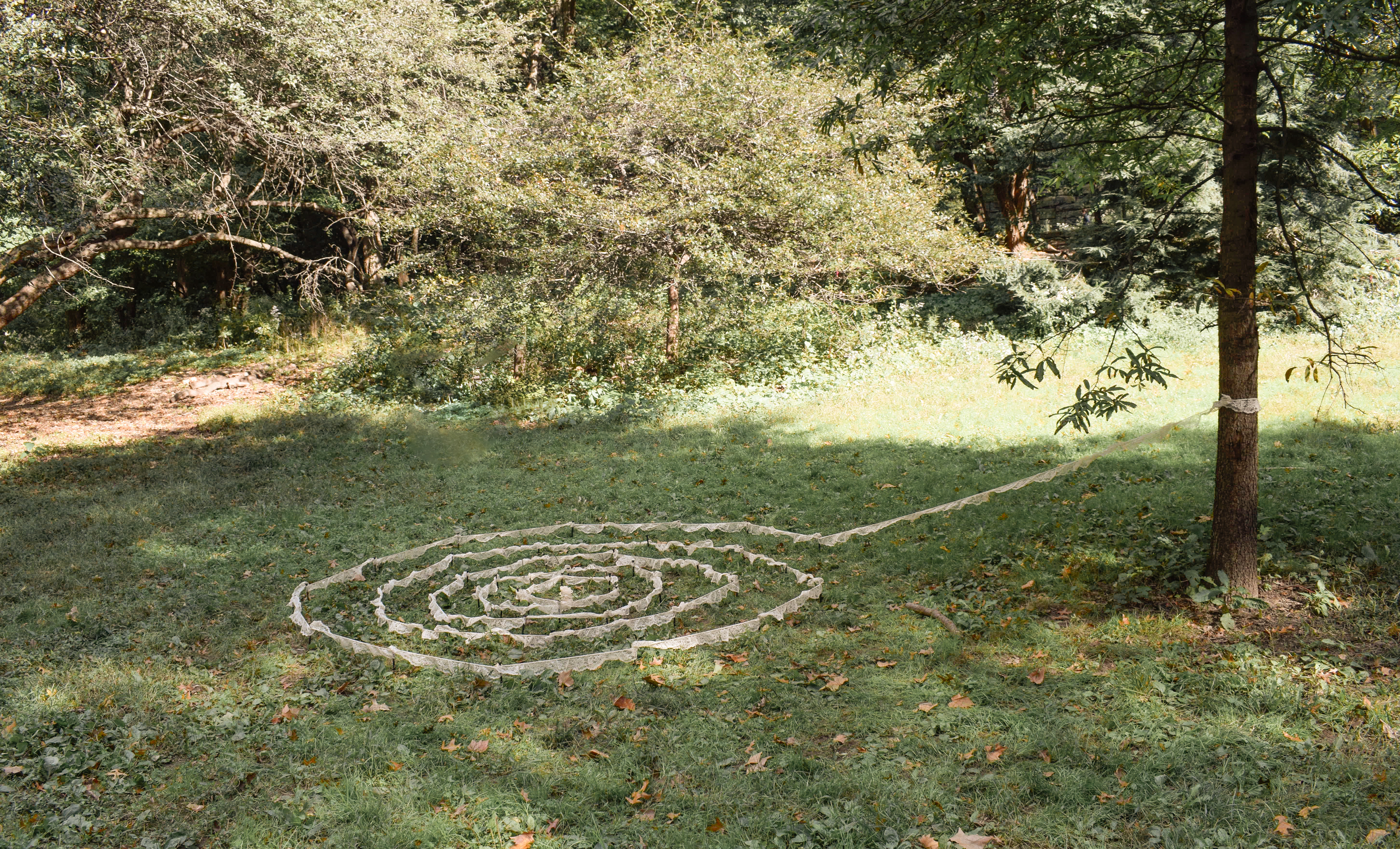 Lace Spiral, 2023, secondhand lace trim, garden stakes, Dimensions variable