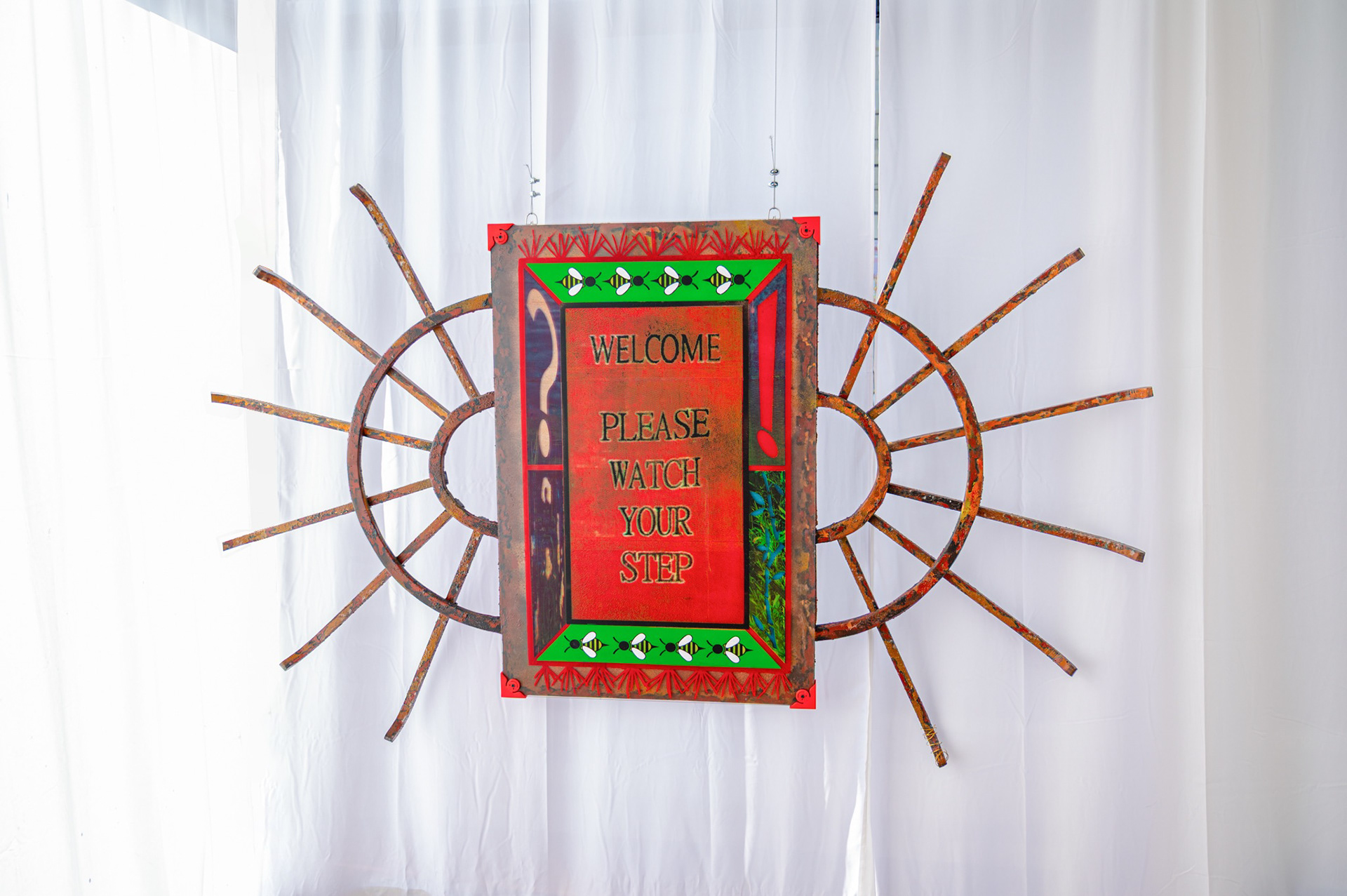 Trespassing Ruminations, 2025, screenprint on acrylic mounted with 3D printed custom parts in artist’s frame (spray paint, coffee grounds, and acrylic on wood with 3D printed custom parts), 73 x 48 x 2.5” (Photo credit: Lafayette Elizabeth Orzack)