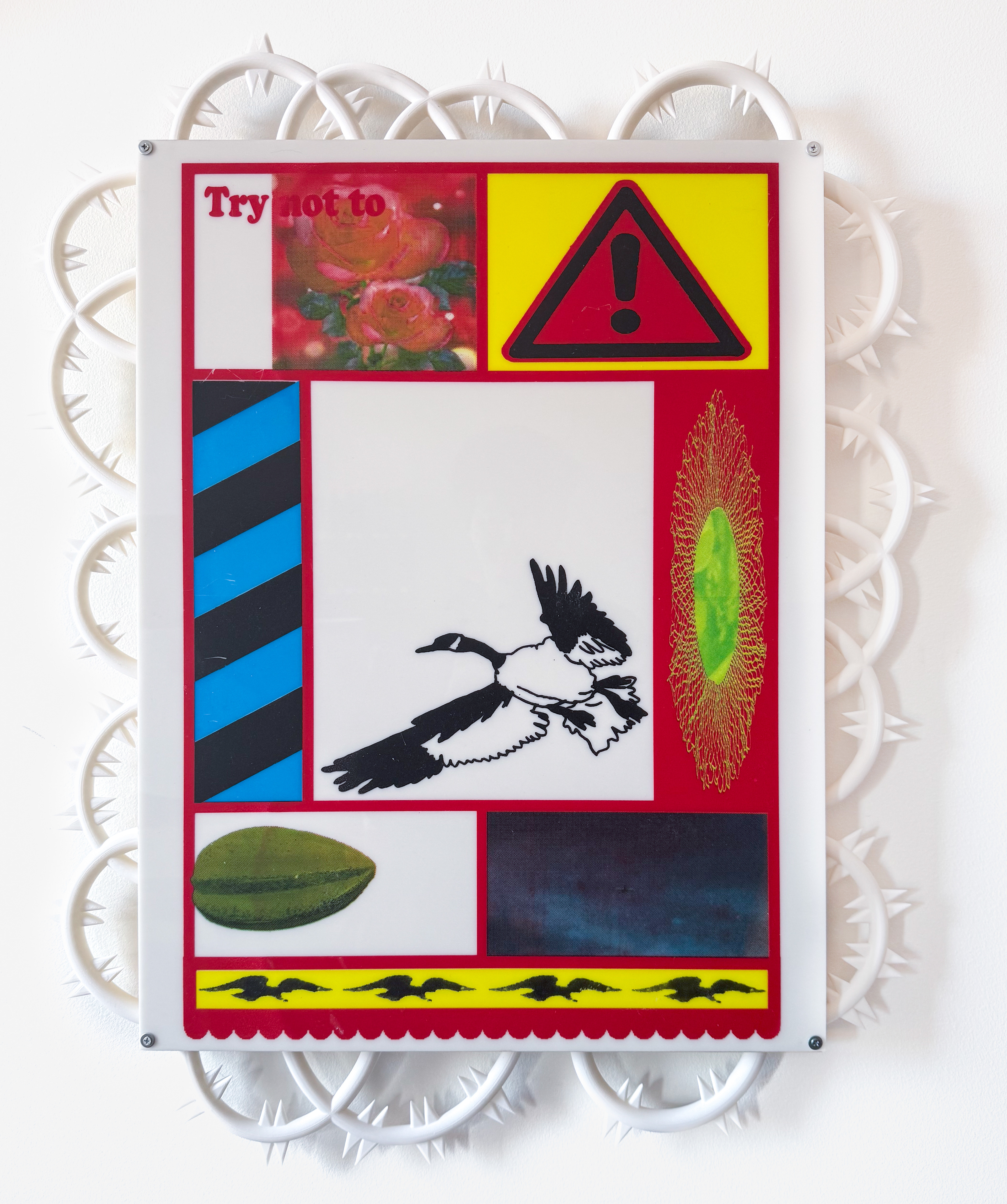 I've disguised myself as a sign in your window 2024 Screenprint on acrylic mounted on wood panel with PLA 3D printed custom parts 23” x 29”