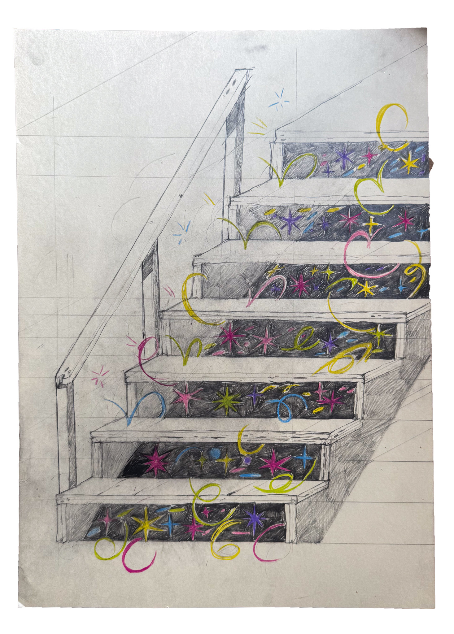 Stair Underside, 2025, Graphite and colored pencil on paper