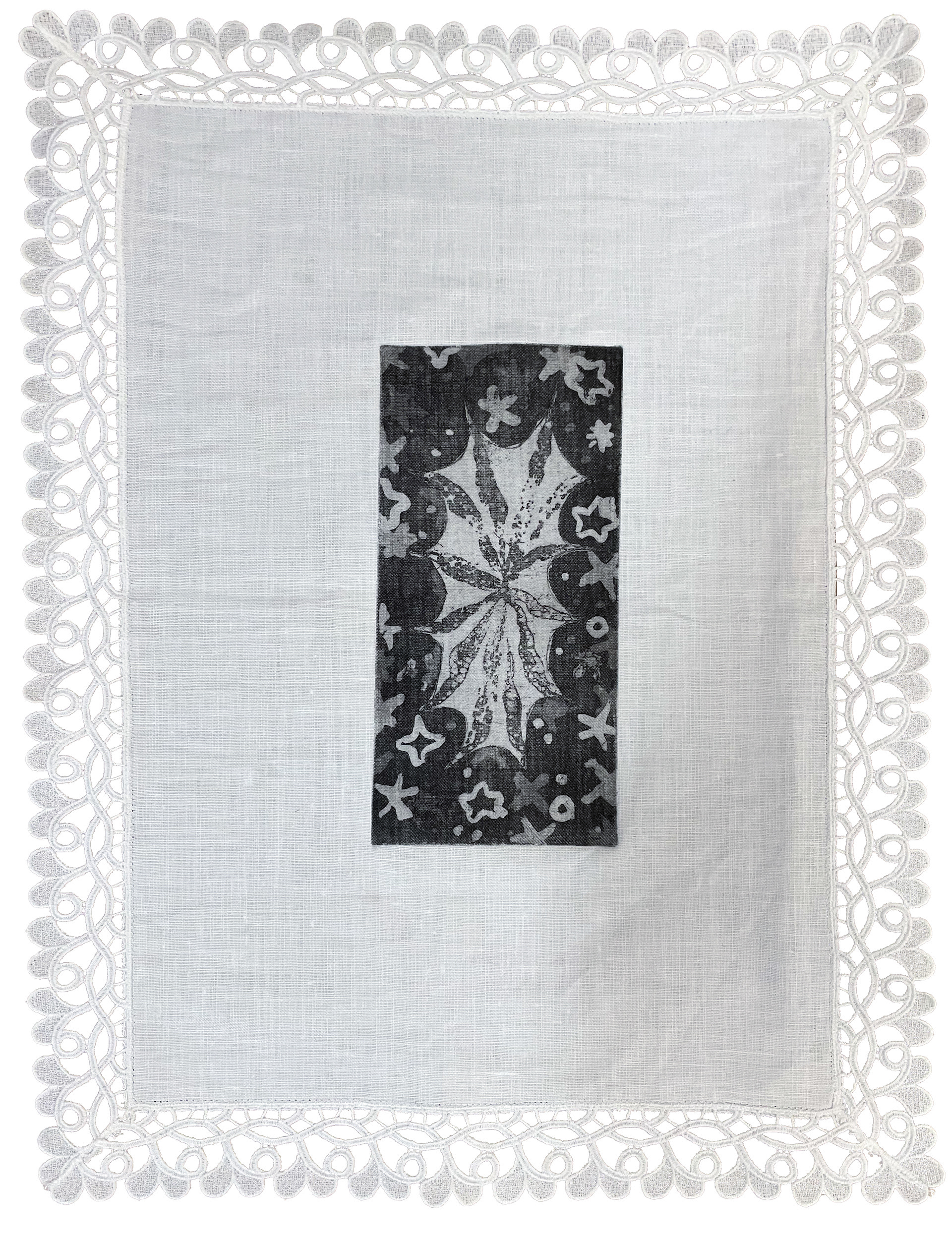 My Tent of Yesterday, 2024, Sugarlift, aquatint, and drypoint on zinc, printed on vintage placemat