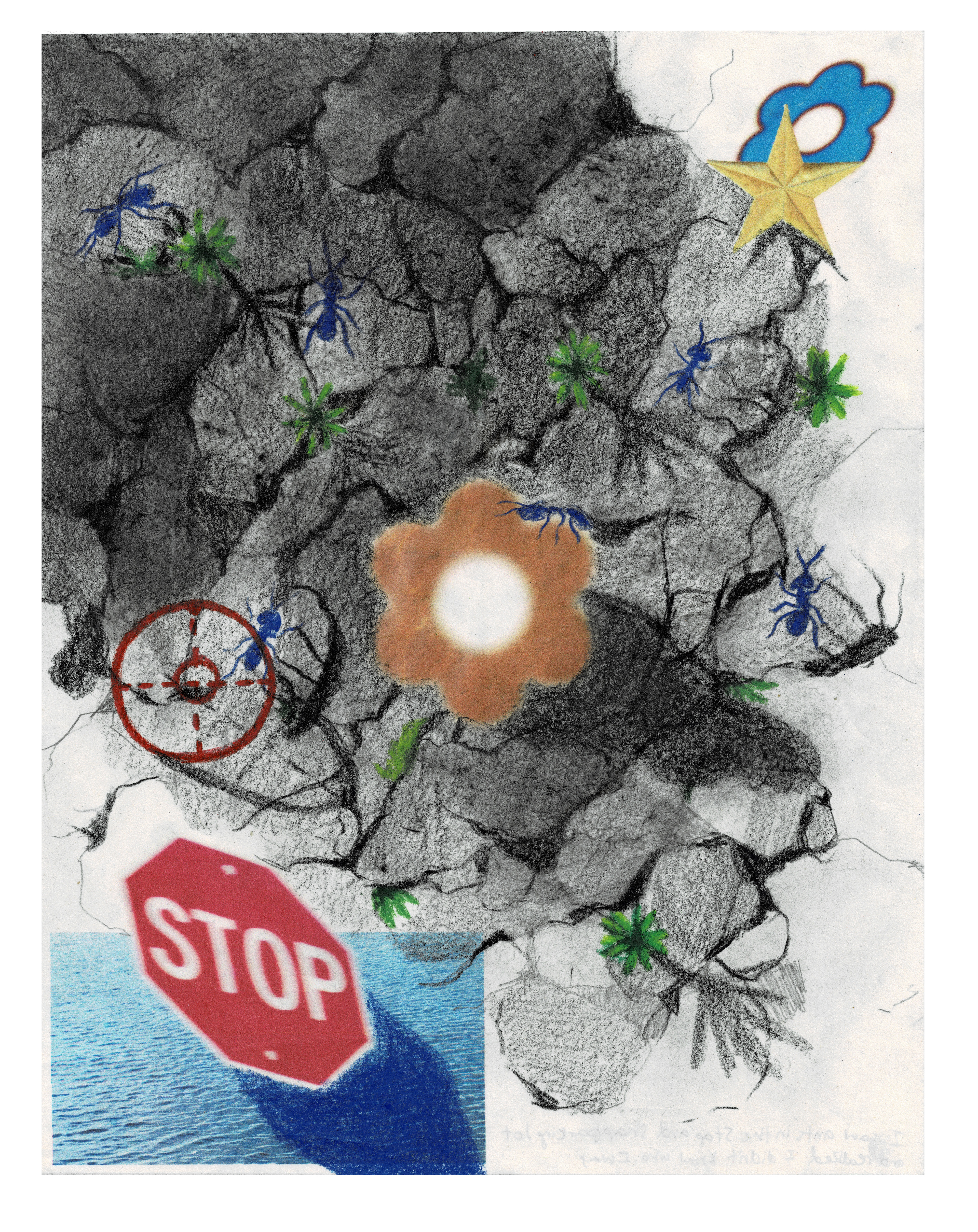 I saw ants in the stop and shop parking lot and realized I didn’t know who I was, 2024 inkjet print, graphite, and colored pencil on Kozo, 8.5 x 11"