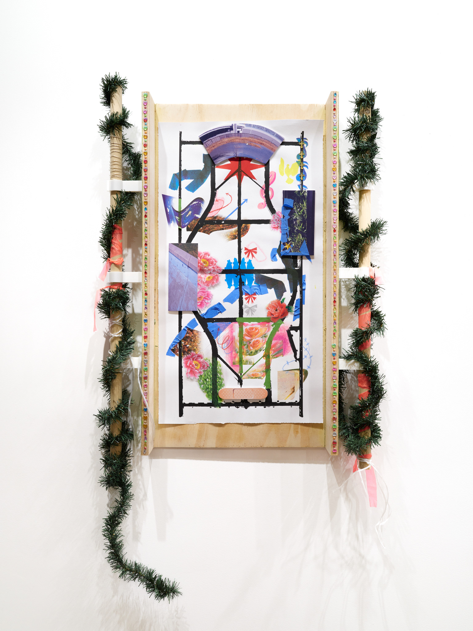 The Underside of a Folding Table, 2025, screenprint, drawing, and collage on Stonehenge mounted in screenprinted wood artists frame with PLA 3D printed parts and garland, 26 x 36 x 3.5" 