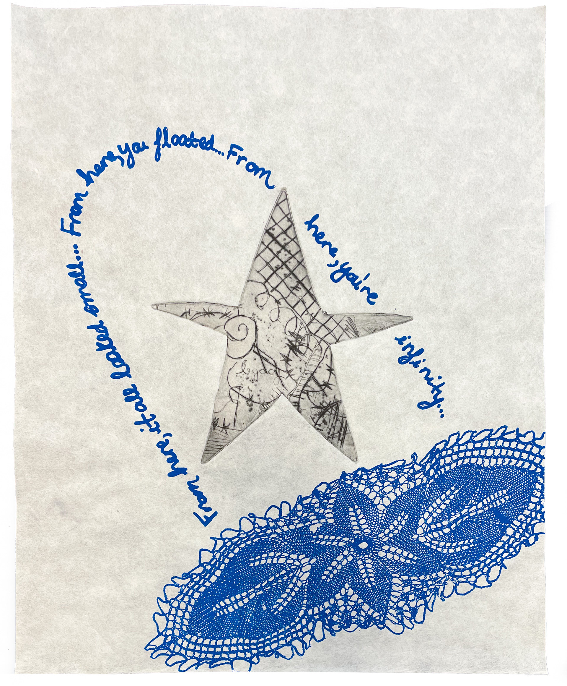 The star is a wonderful thing, 2024, drypoint on handout copper plate with screen printed detailing printed on Kozo, edition of 15, 11 x 14"