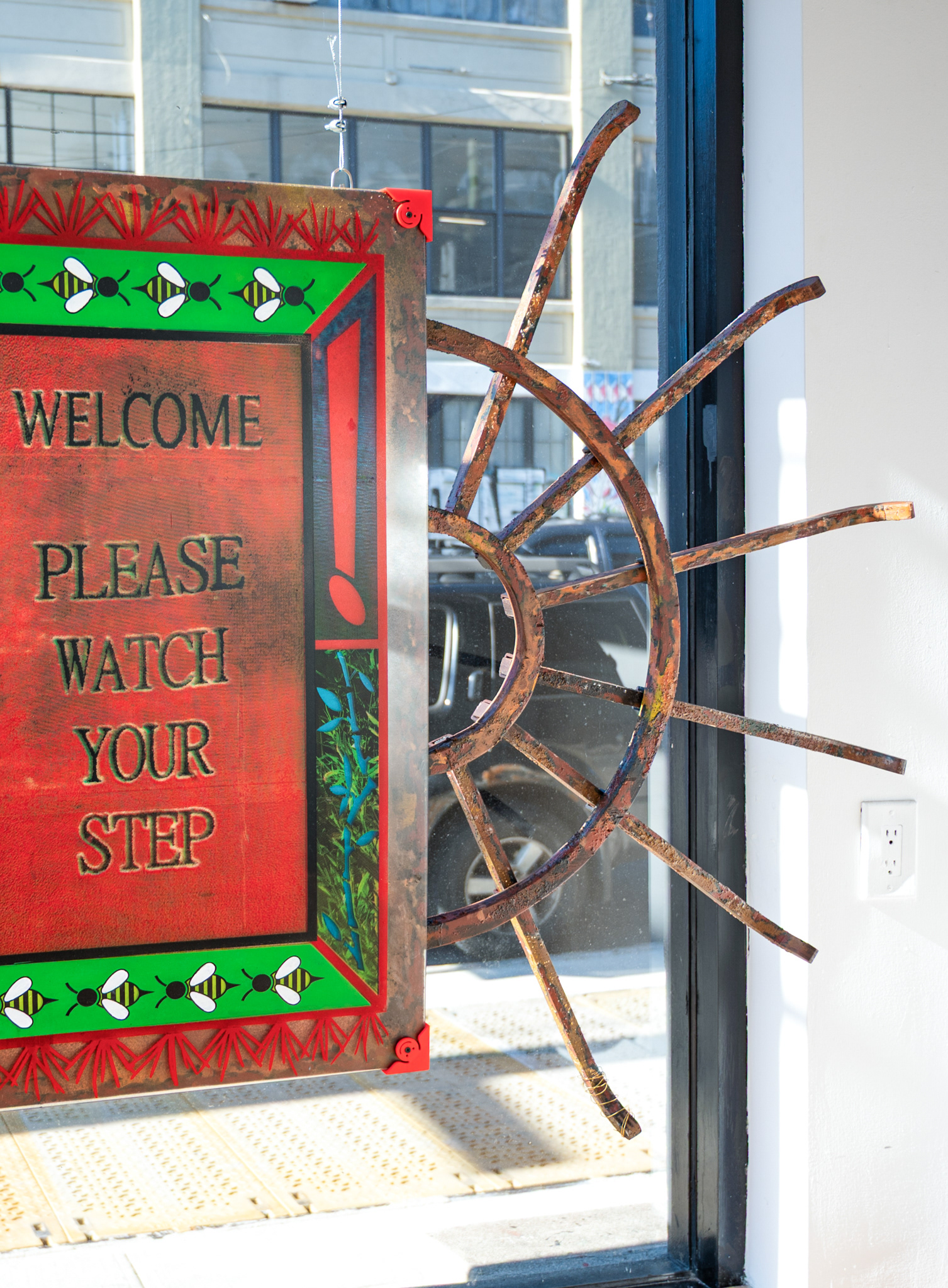 Trespassing Ruminations, 2025, screenprint on acrylic mounted with 3D printed custom parts in artist’s frame (spray paint, coffee grounds, and acrylic on wood with 3D printed custom parts), 73 x 48 x 2.5” (Photo credit: Lafayette Elizabeth Orzack)