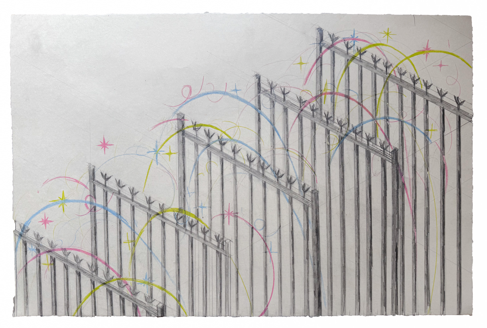 Fence Hop, 2025, Graphite and colored pencil on paper