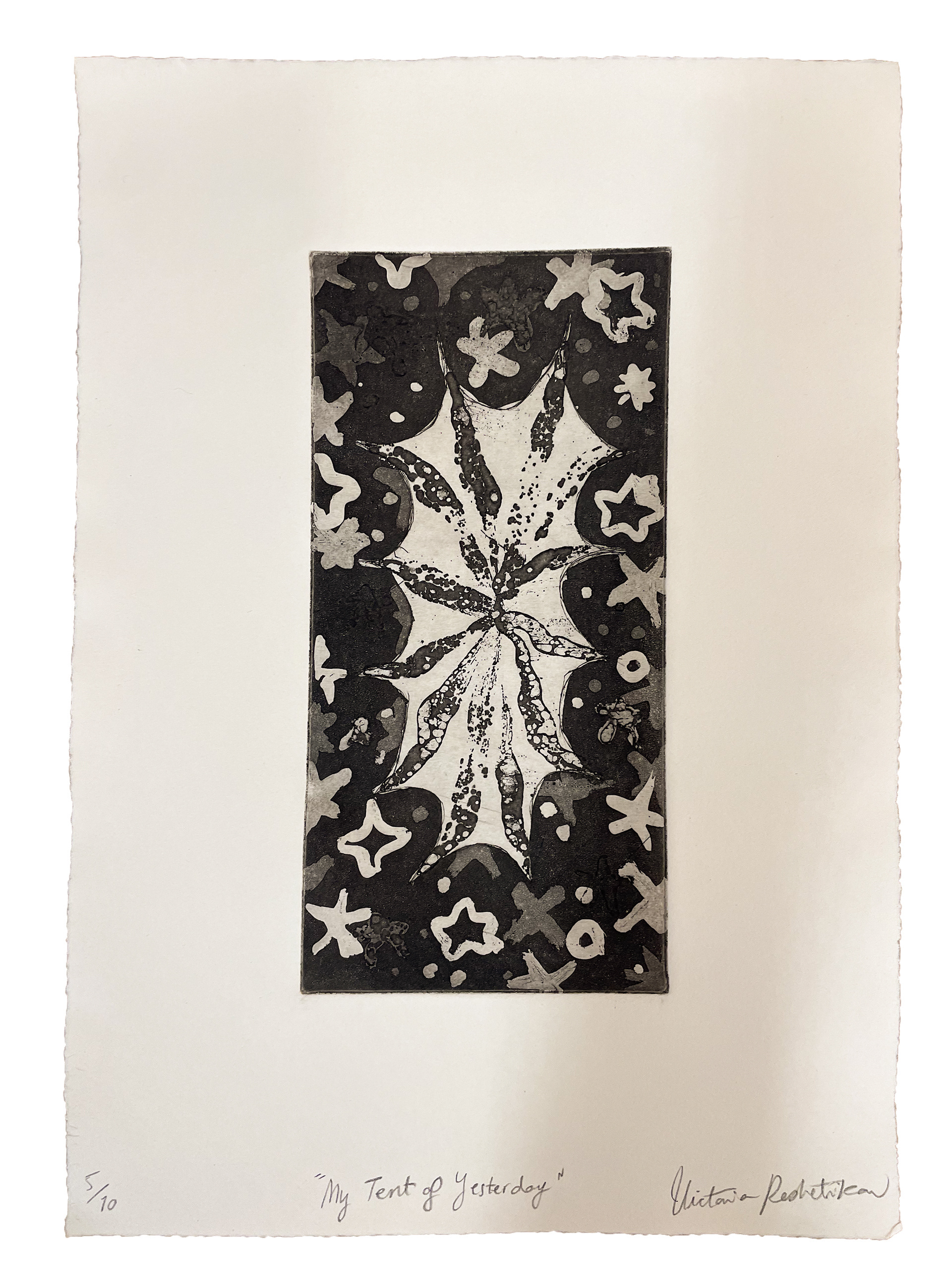 My Tent of Yesterday, 2024, Sugarlift, aquatint, and drypoint on zinc, printed on BFK Rives, Edition of 10, 7 x 12"