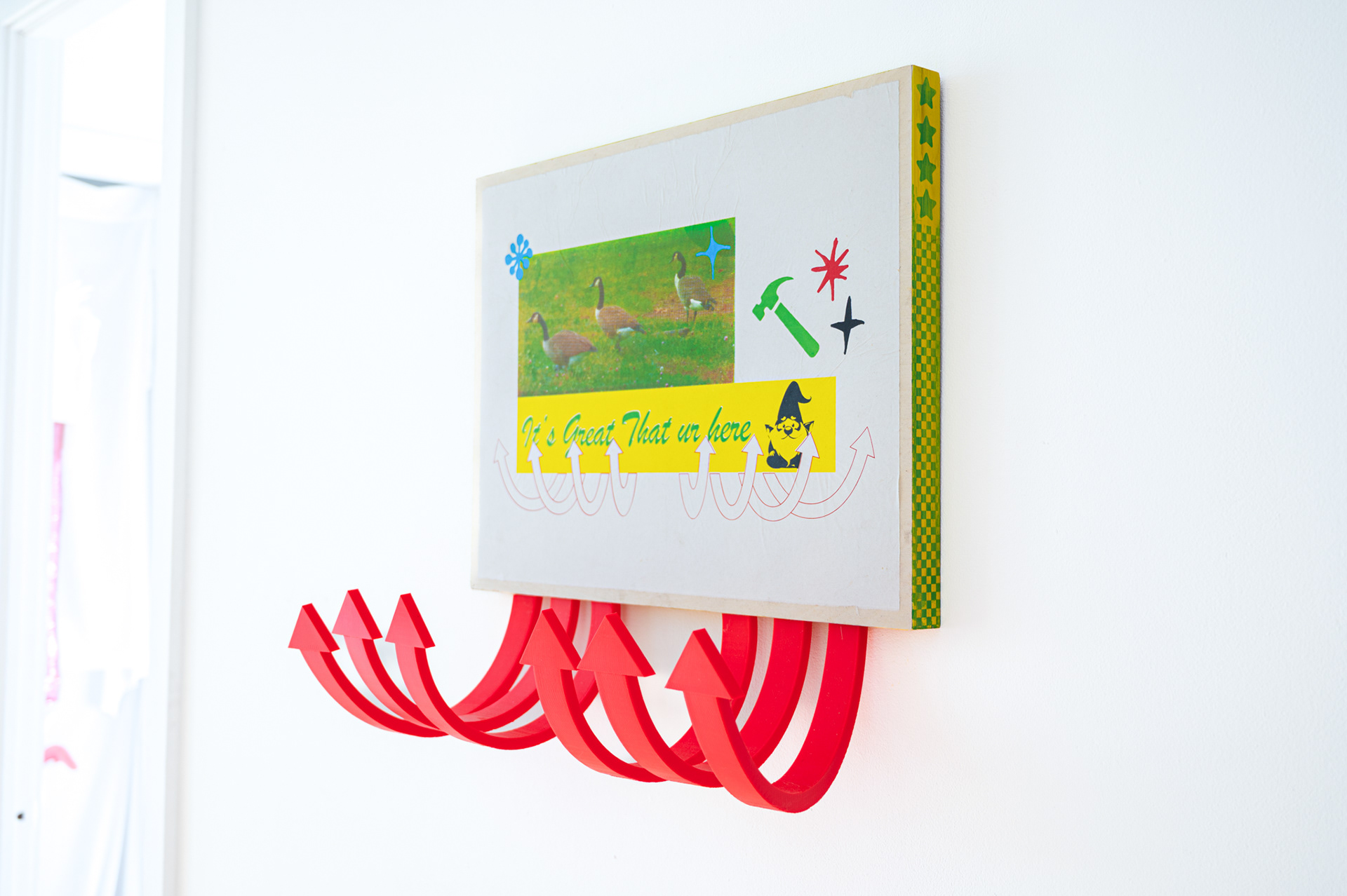 It's Great That ur here, 2024, Screenprint on Kozo mounted on wood panel with PLA 3D printed custom parts 24 x 24 x 10” (Photo Credit: Lafayette Elizabeth Orzack)