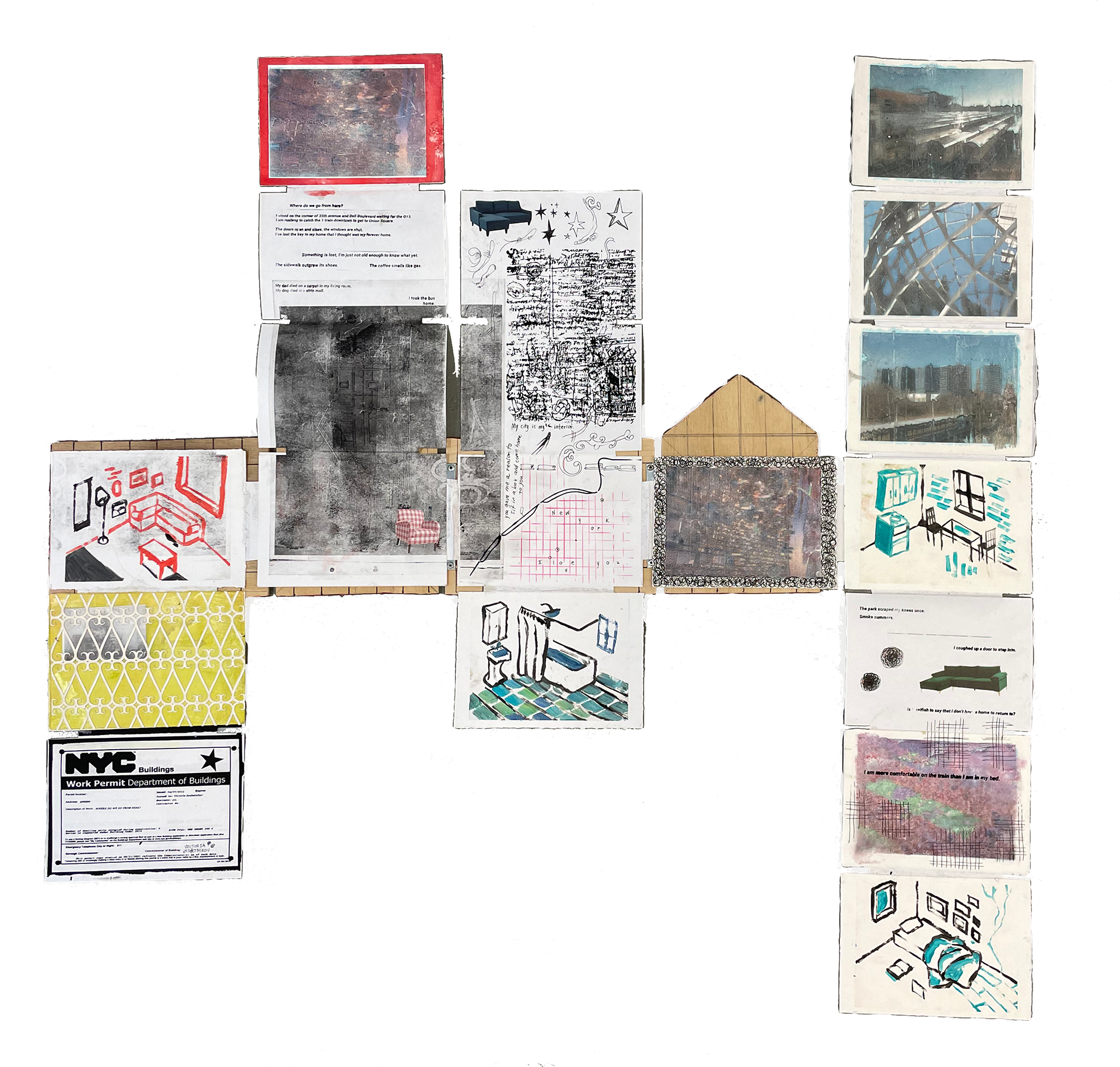 Where Do We Go From Here? 2023, Screenprint on plywood (Exterior), Screenprint, monoprint, image transfer, lasercut cardstock, chine collé, and ink on Mohawk (Interior), 6" x 8" x 7.5"  (Closed) 37" x 36" (Open)