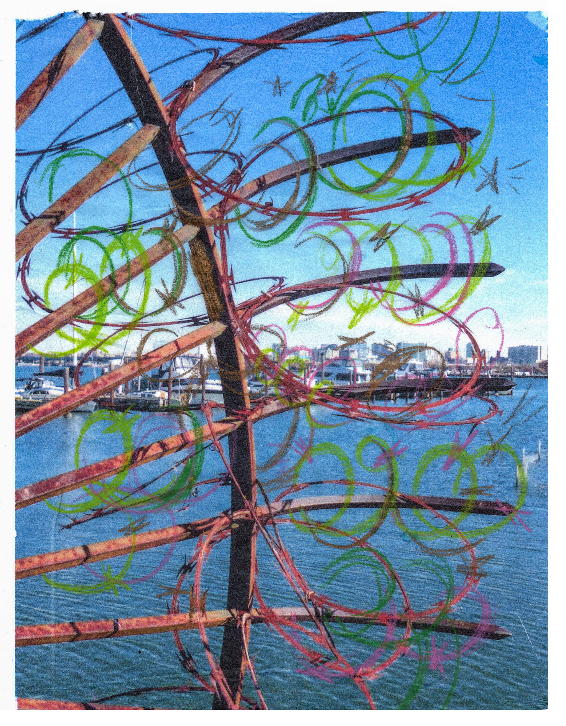 Gate Rumination, 2025, inkjet print, colored pencil, graphite on Kozo, 8.5 x 11"