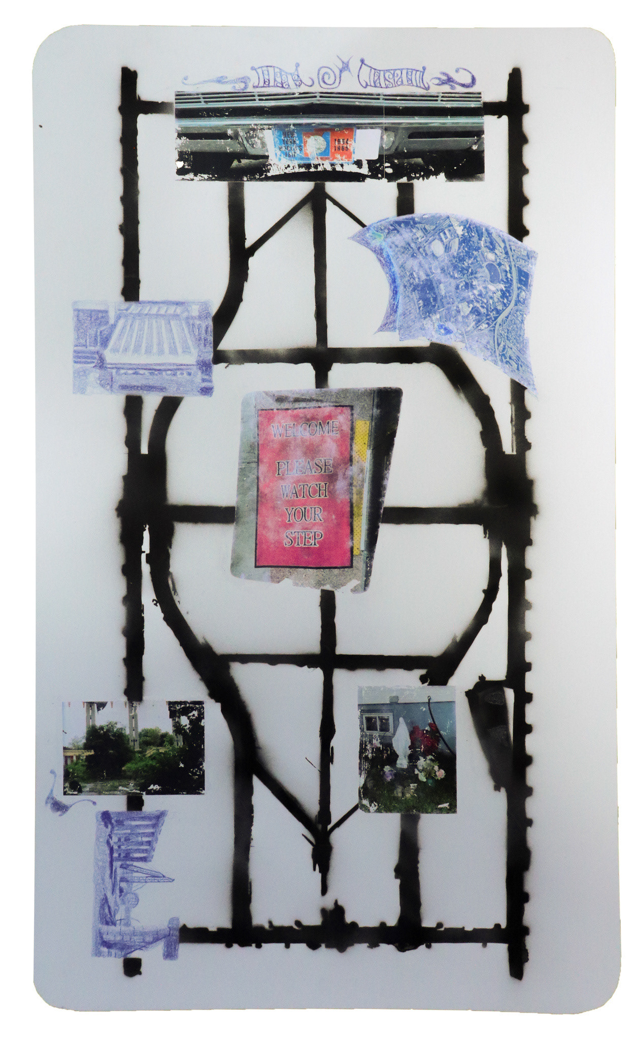 The Underside of a Folding Table, 2023, spray paint, image, transfer, and drawing on illustration board, 24 x 48"