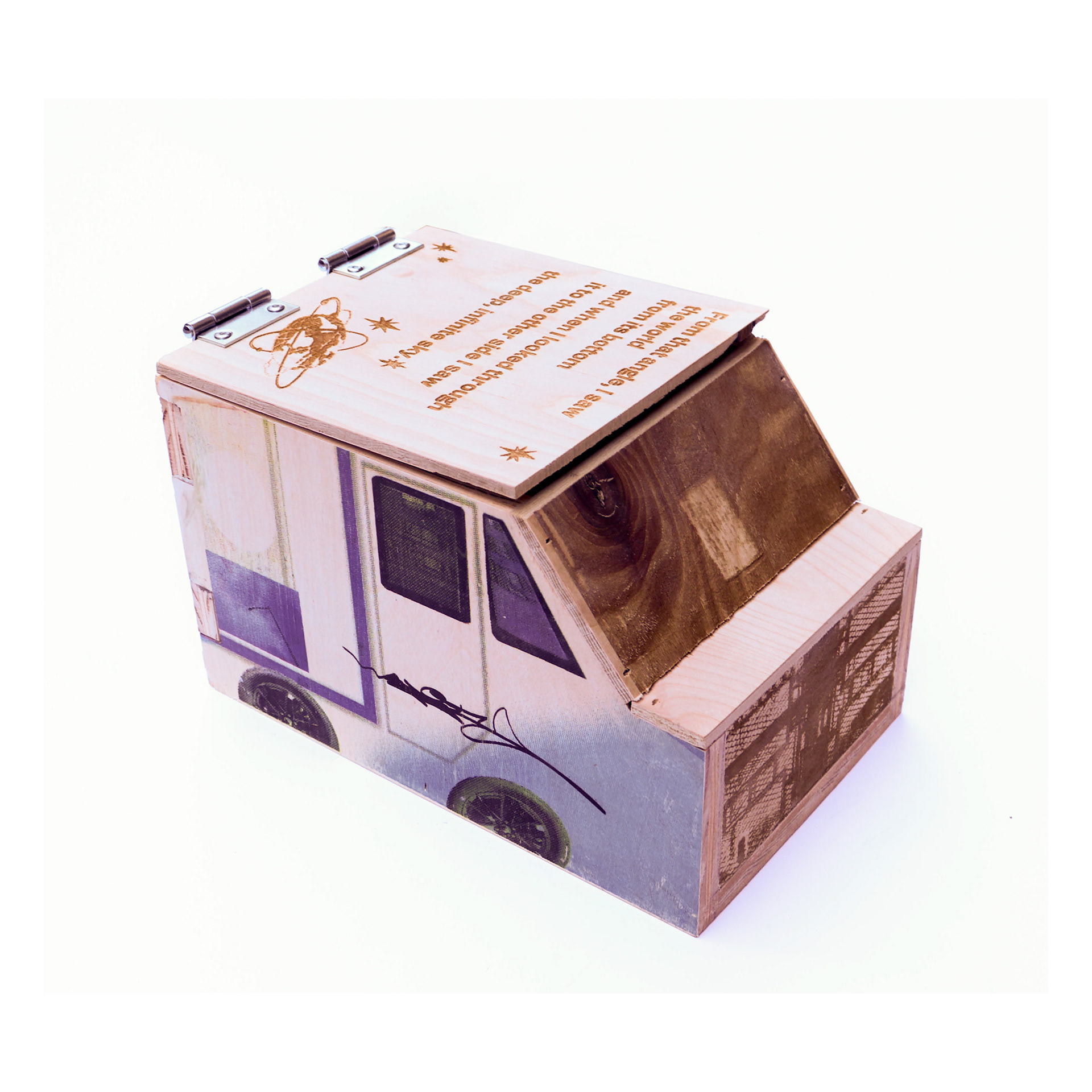 Unisphere-Adjacent Ice Cream Truck, 2024, Screenprint and laser cut on wood with inset speaker diaphragms, 8" x 5" x 6"