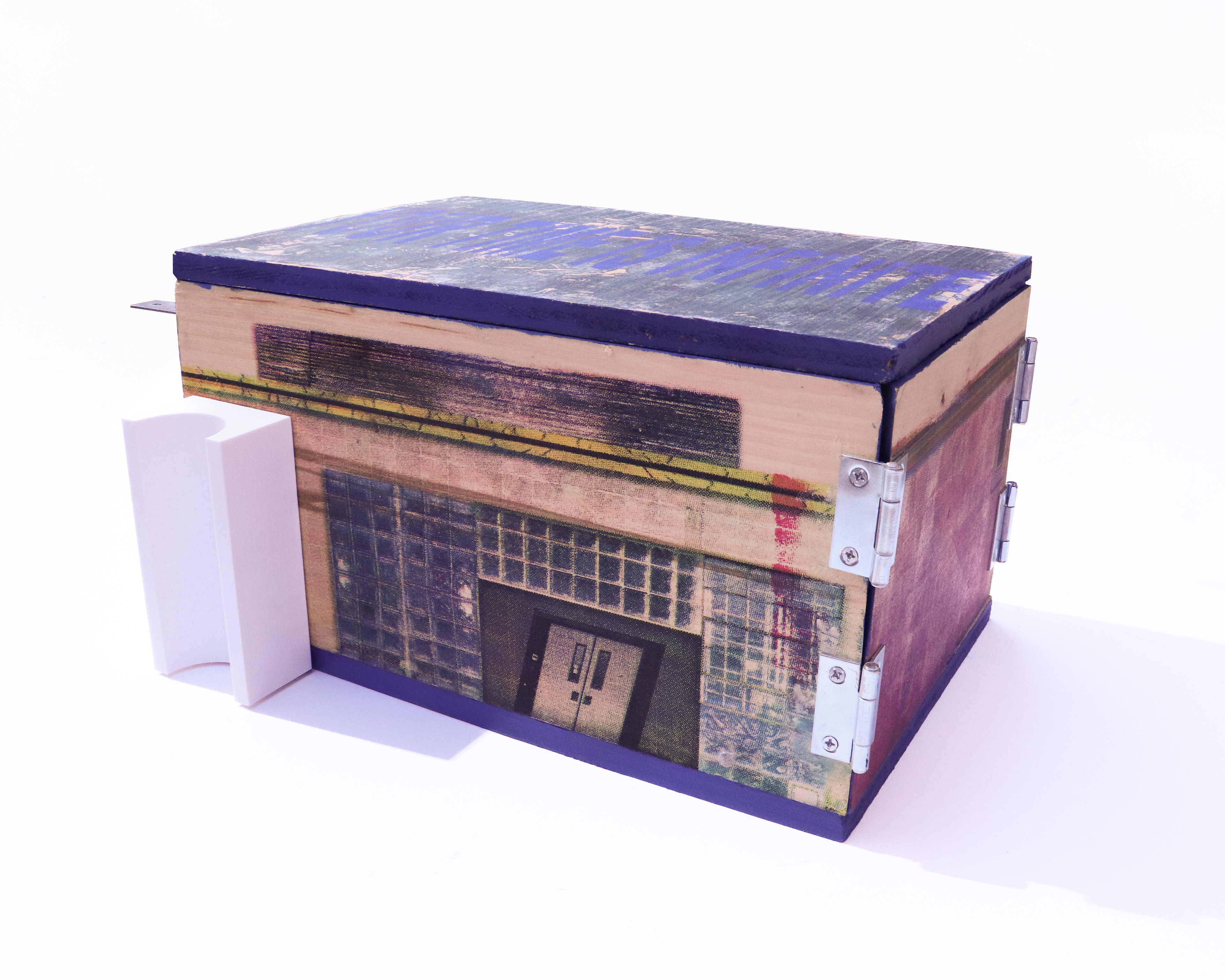 Queens Museum: Think of yourself as a relic sleeping, 2024, Screenprint, dye sublimation, and laser etch on wood (Exterior), Screenprint, graphite, colored pencil, acrylic, gold leaf, secondhand lace trim (Interior), 12" x 10" x 7" (Closed) 12" x 30" x 7" (Open)