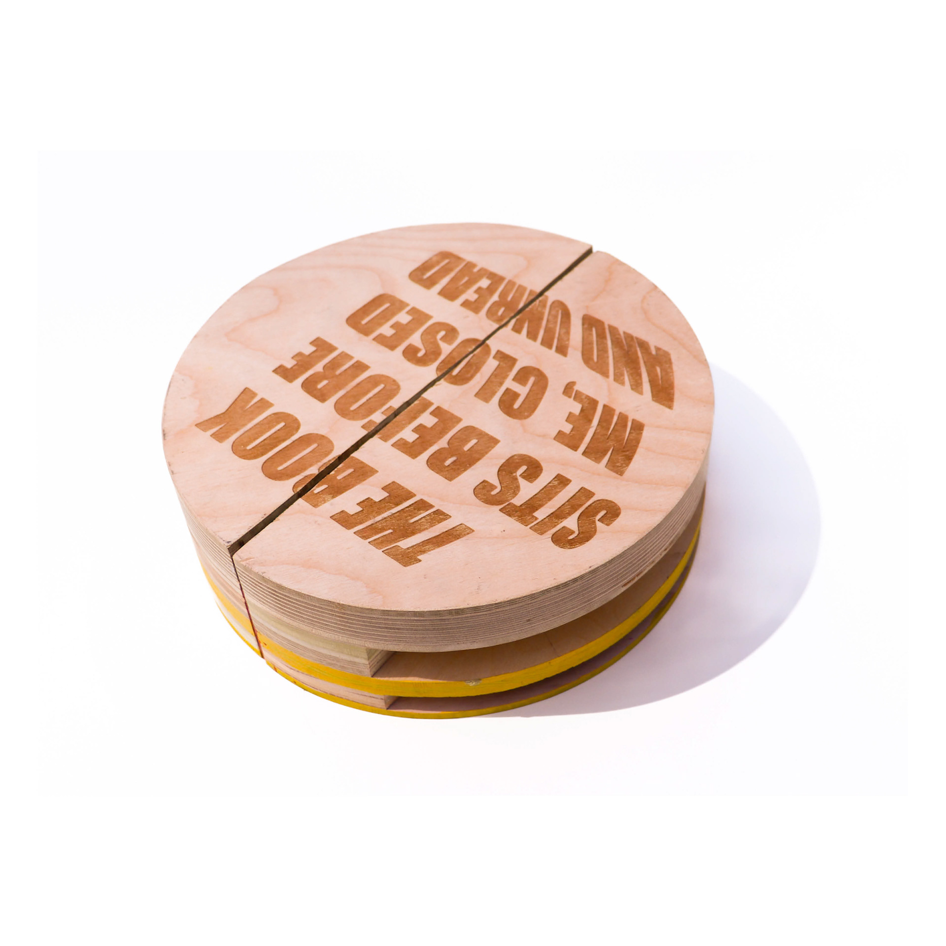 New York State Pavilion: The Book Sits Before Me, 2024, Screenprint and lasercut on wood, hardware (Exterior) Dye sublimation and screen print on Canton (Interior), 10" x 10" (Closed)