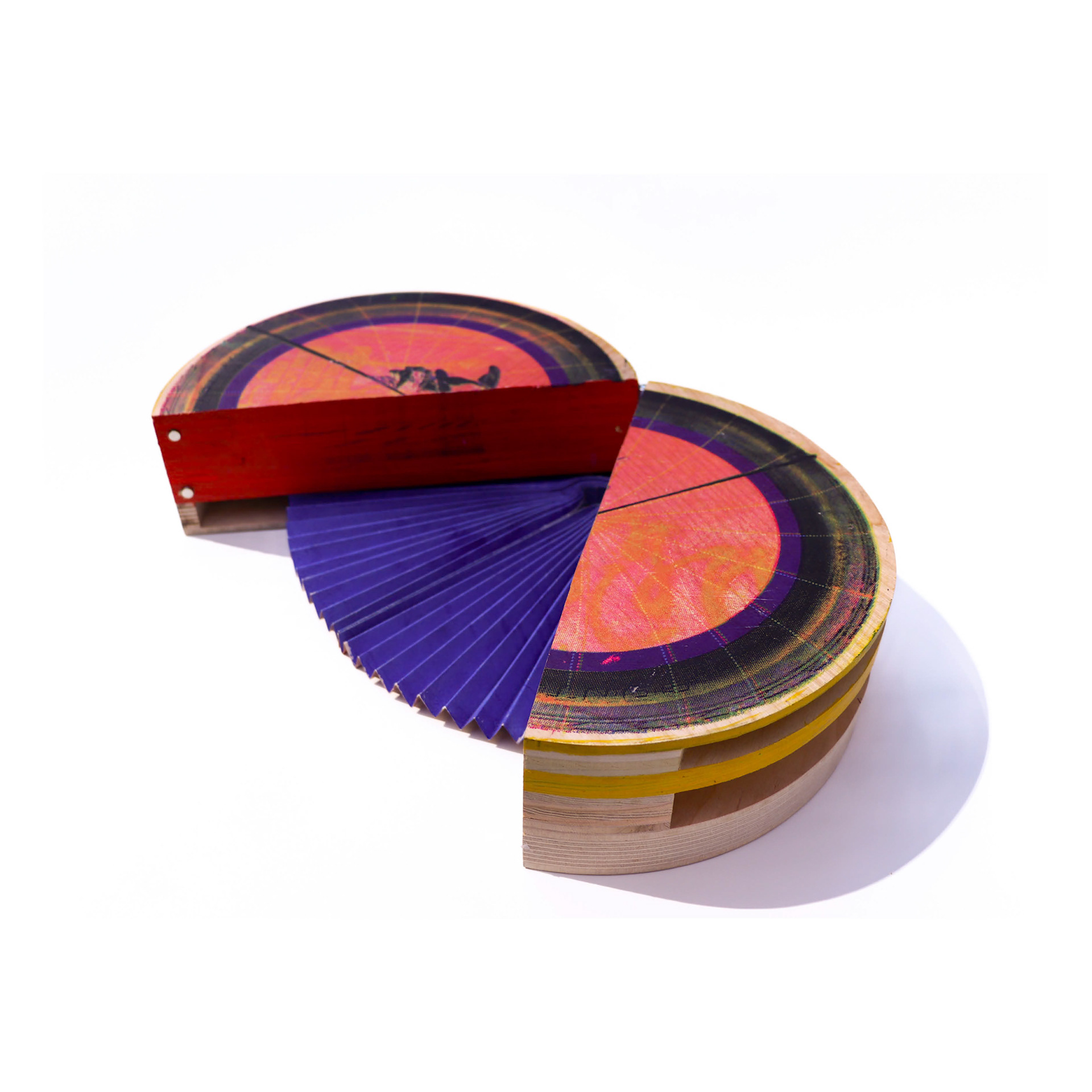 New York State Pavilion: The Book Sits Before Me, 2024, Screenprint and lasercut on wood, hardware (Exterior) Dye sublimation and screen print on Canton (Interior), 10" x 10" (Closed)