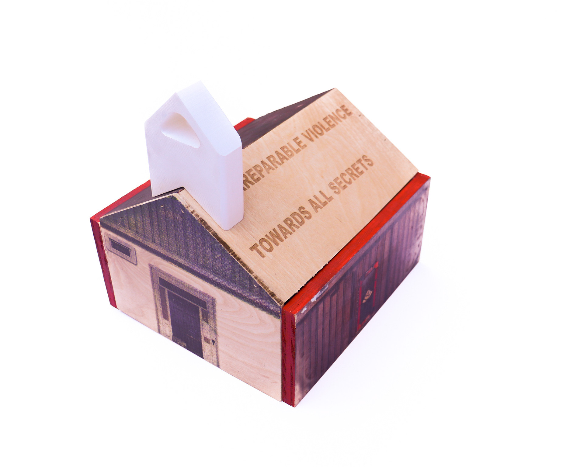 Russian Orthodox Pavilion: зубы шелкают 2024 Screenprint, lasercut, and dye sublimation on wood (Exterior) Screenprint, embroidery, acrylic, and secondhand lace trim on canvas (Interior) 5" x 8" x 7" (Closed) 5" x 25" x 7" (Open)