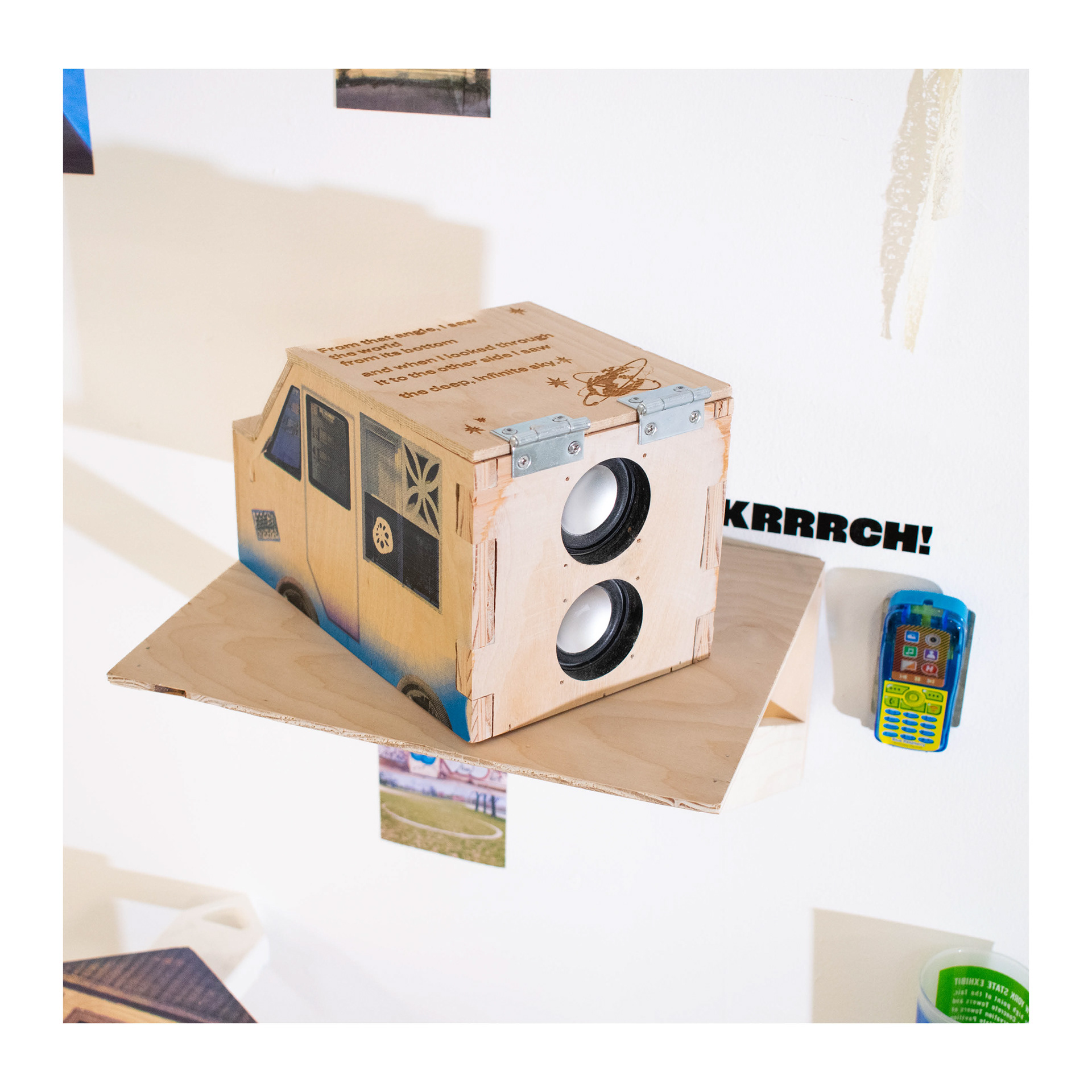 Unisphere-Adjacent Ice Cream Truck, 2024, Screenprint and laser cut on wood with inset speaker diaphragms, 8" x 5" x 6"