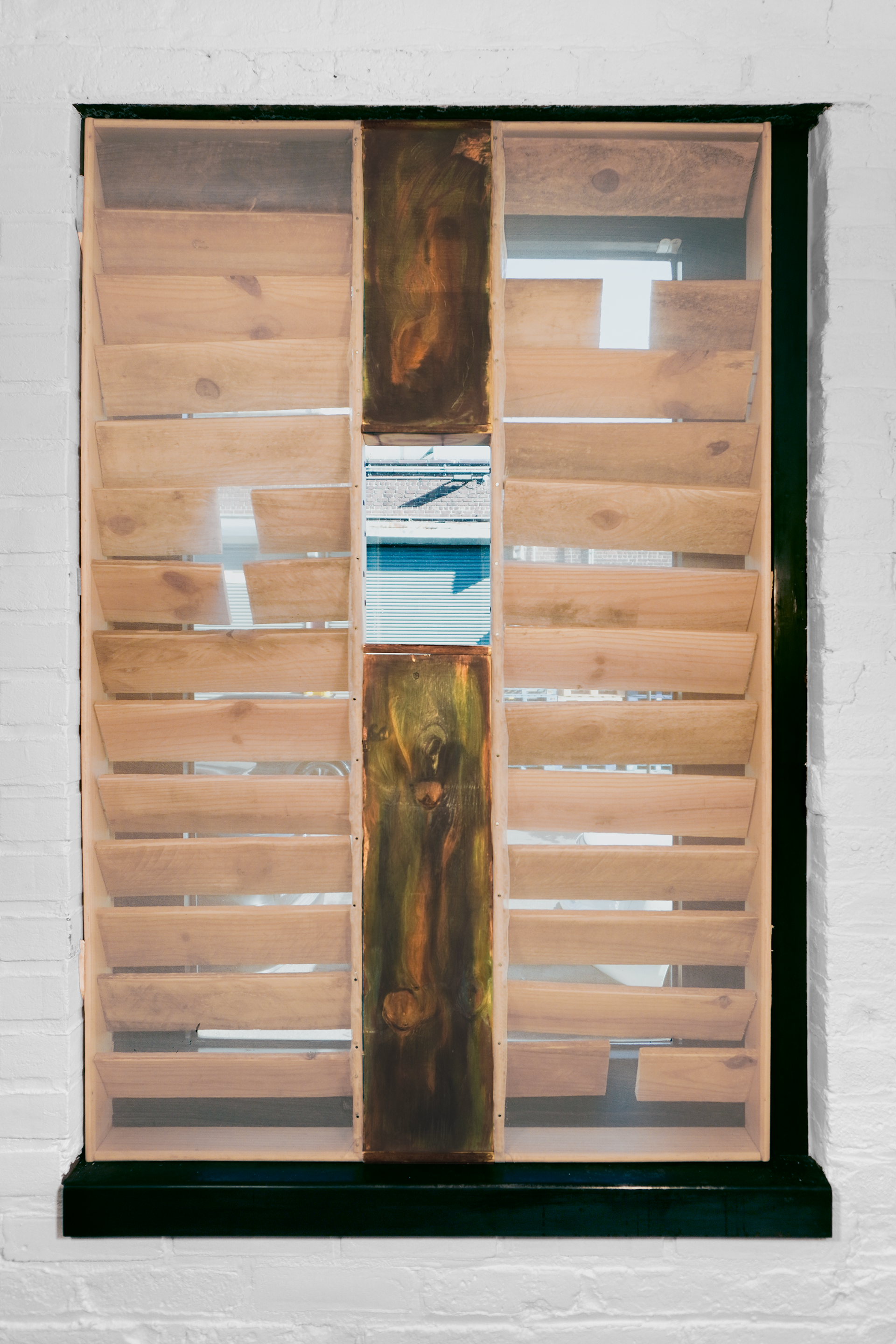 Meinzer and Victoria Reshetnikov Hush Lobby, 2026  Wood cutoffs from 37th Avenue, Grand Street, and 48th Street. Lattice from Facebook Marketplace. Slats from 3 bedframes. Deconstructed washing machine foundation from Middle Village. Shipping palettes from Connecticut and a new Sunnyside grocery store. 3D printed custom parts. Cords, produce netting, shoelaces, surveyor’s tape, plastic bags, braided strings. Pine. (Reshetnikov)  Canvas, tulle, fabric dye, colored pencil. (Meinzer)  4 ⅛’ X 11 ½’ (The approximate size of an average New York City balcony). (Wall Form) 2 ⅞’ x 4 ⅜’ (A quarter inch shorter in width and height of the gallery’s windows). (Window Forms)