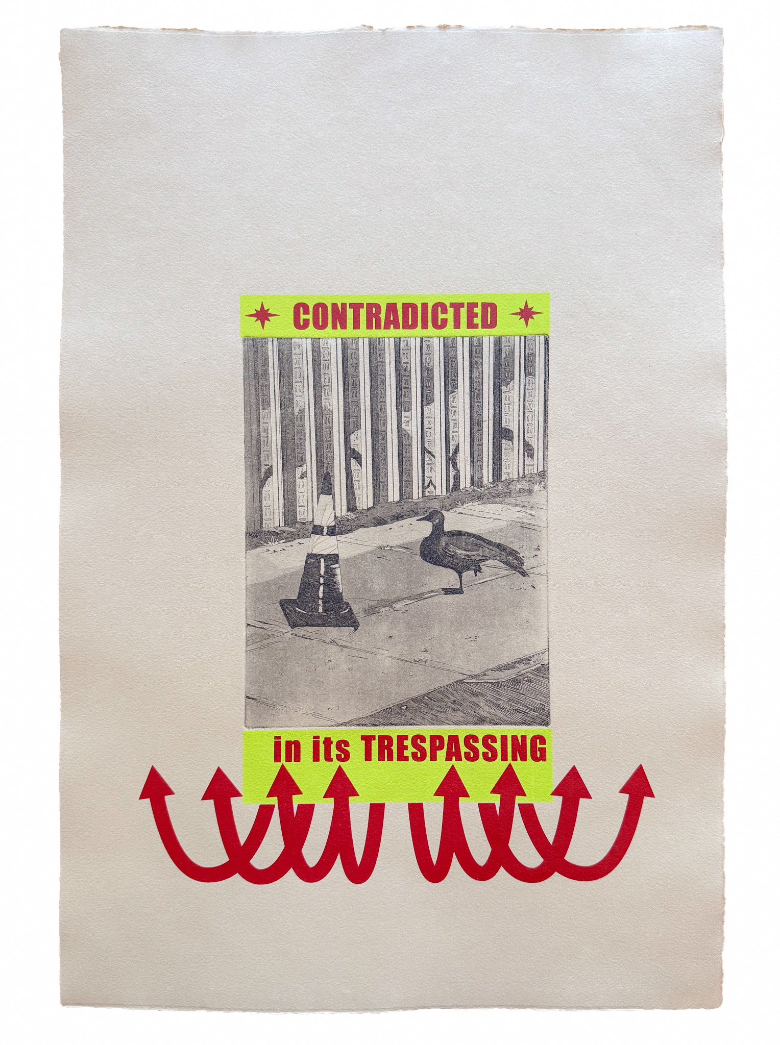 Contradicted, 2024, Aquatint and hard ground etching with screen printed detailing on BFK Rives, 15 x 22"