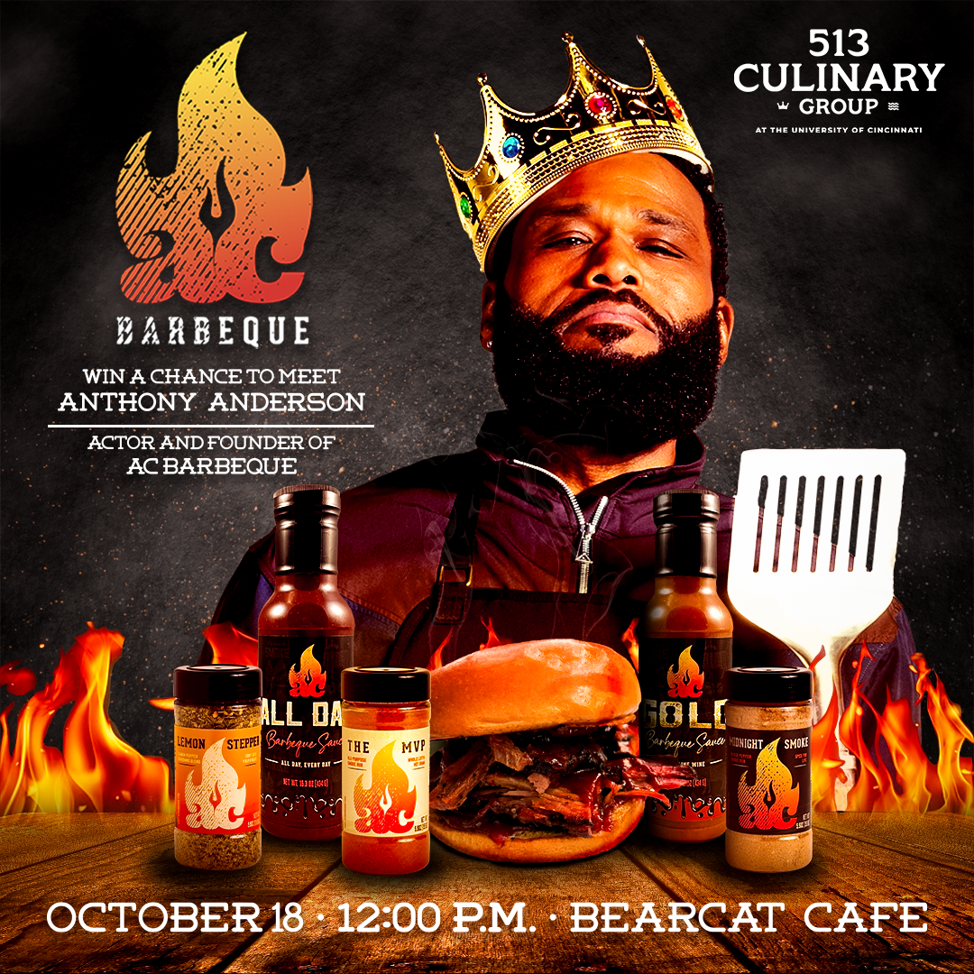 Promotional Graphic for AC BBQ at the Univeristy of Cincinnati, featuring co-founder Anthony Anderson
