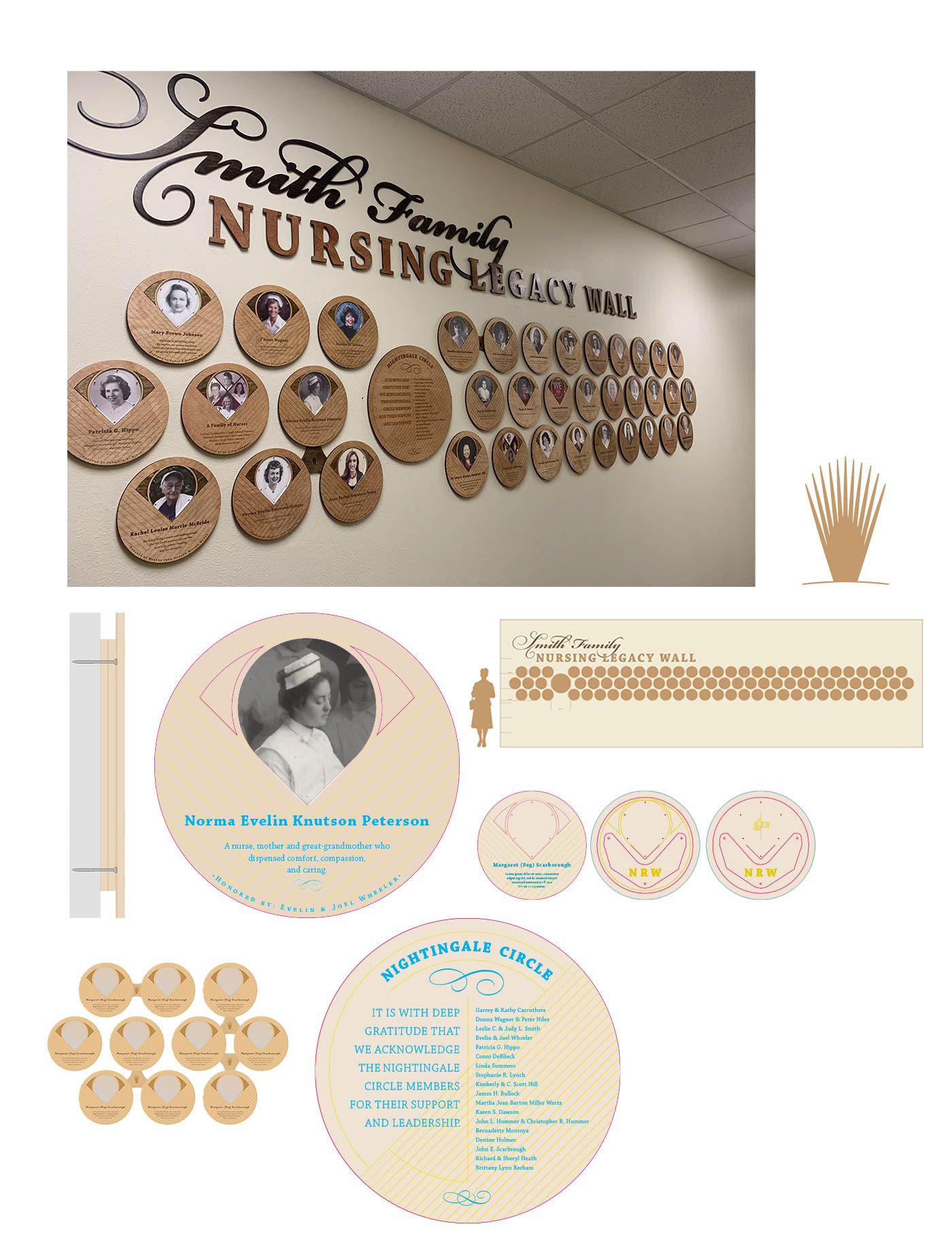 Santa Fe, New Mexico, Graphic Design, Gatis Cirulis, installation, wall, legacy, nursing, plaques, typography, circles, wood 