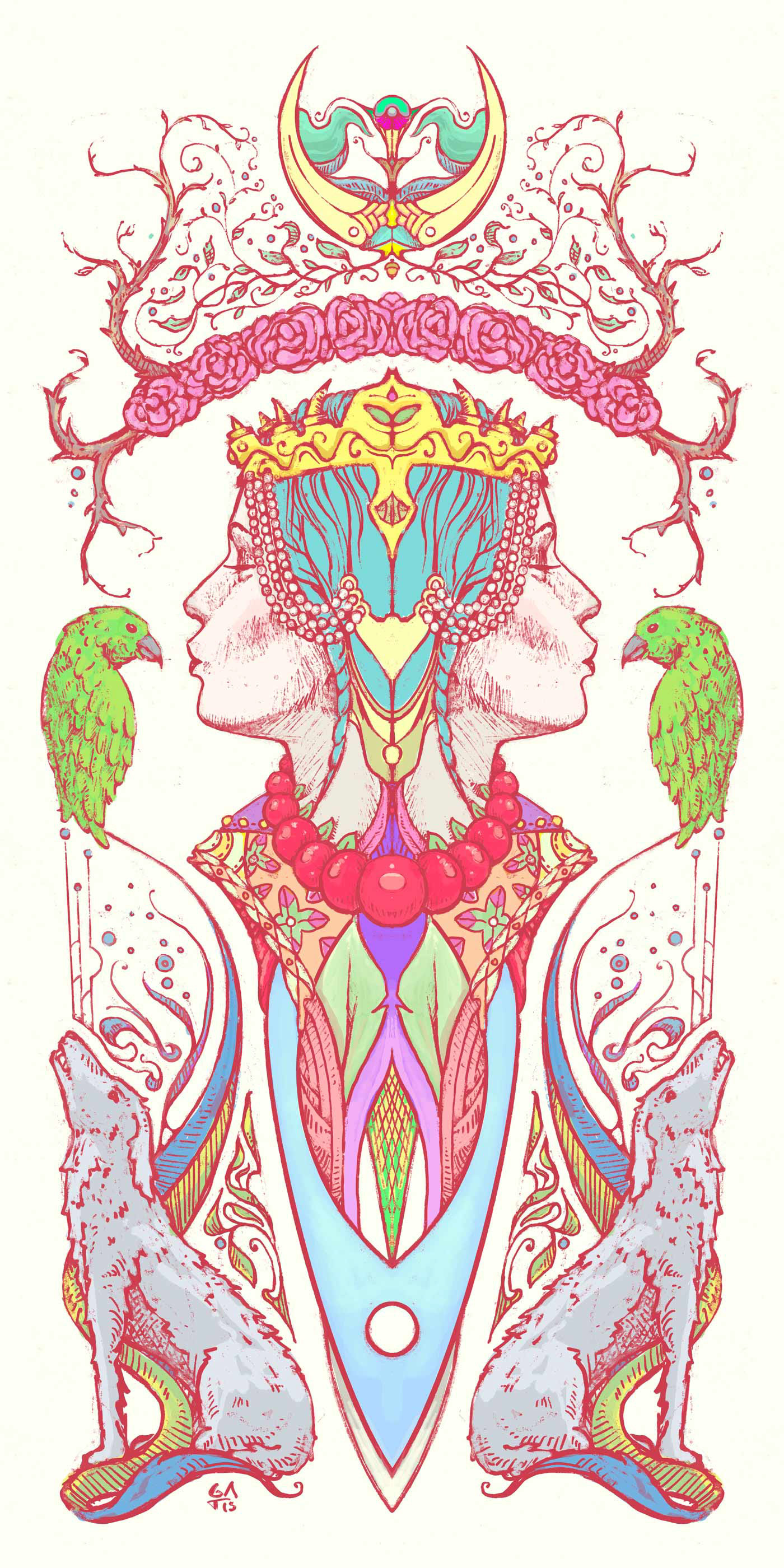 Animal Lover, Gatis Cirulis, illustration, moon, pagan, kiss, bird, dogs, magical, surreal, needs, crown, decorative 