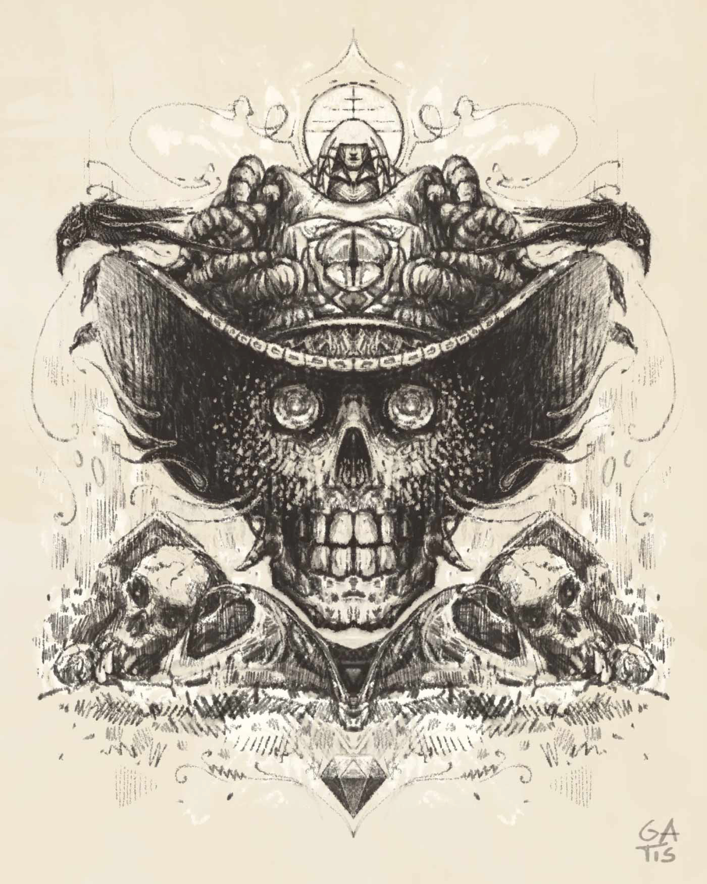 Diamond head, Gatis Cirulis, illustration, scull, cool, art, fantasy, surreal, scull, crow, rider, cowboy