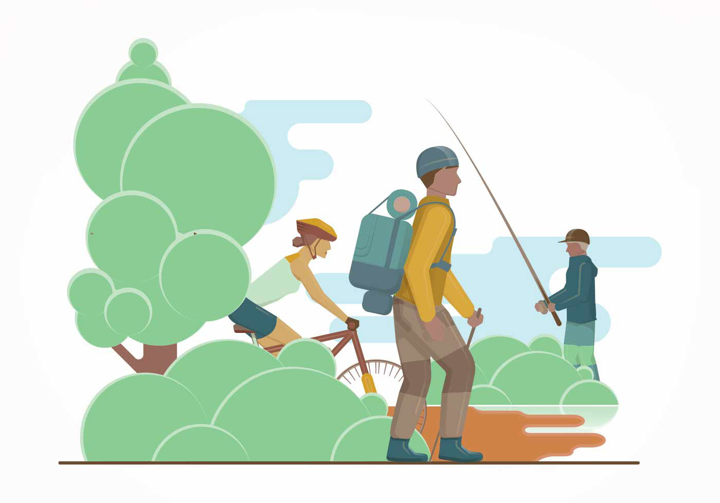 outdoors, Gatis Cirulis, illustration, park, resting, active, fishing, hiking 