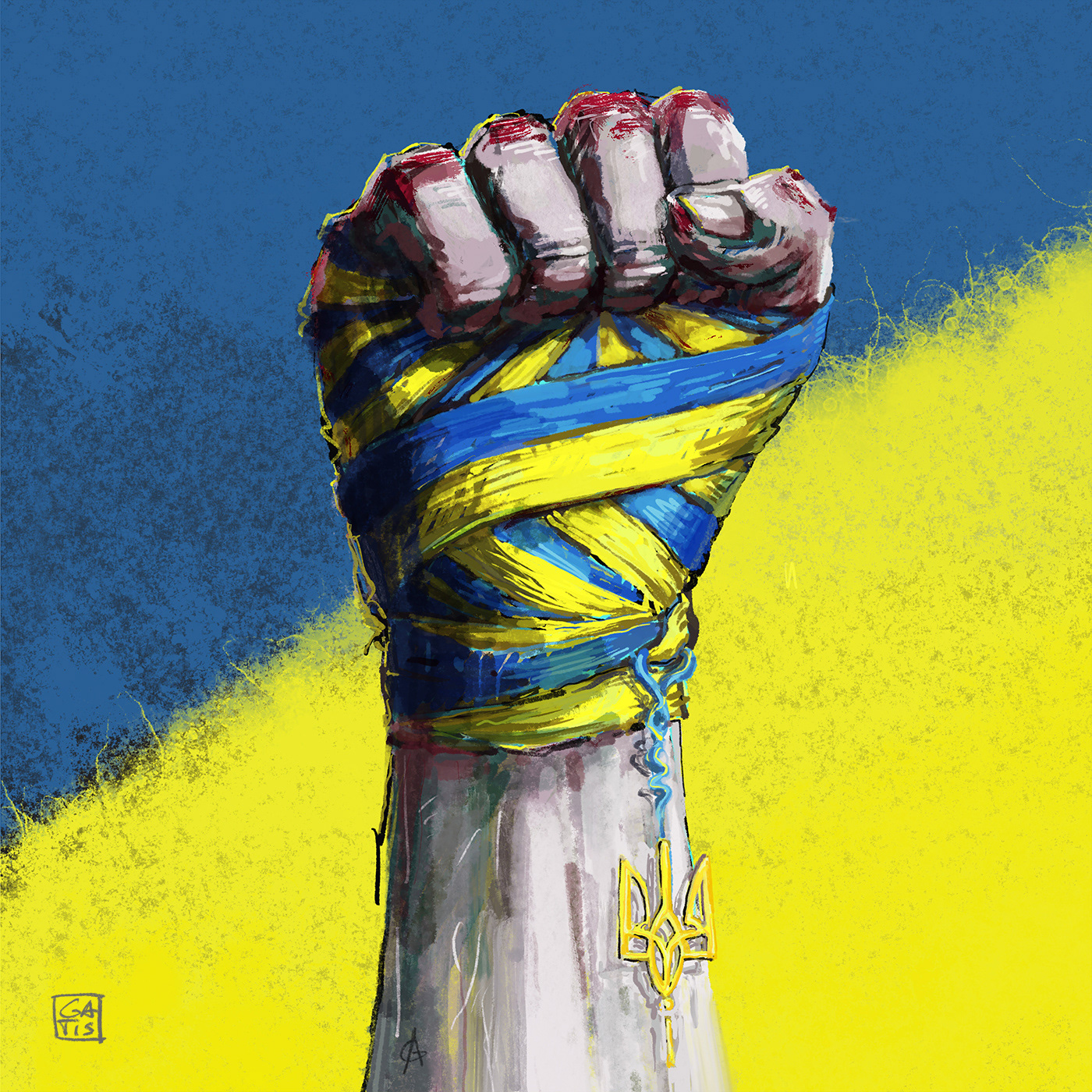 Stand with Ukraine, Gatis Cirulis, illustration, fist, fighter, yellow, blue 