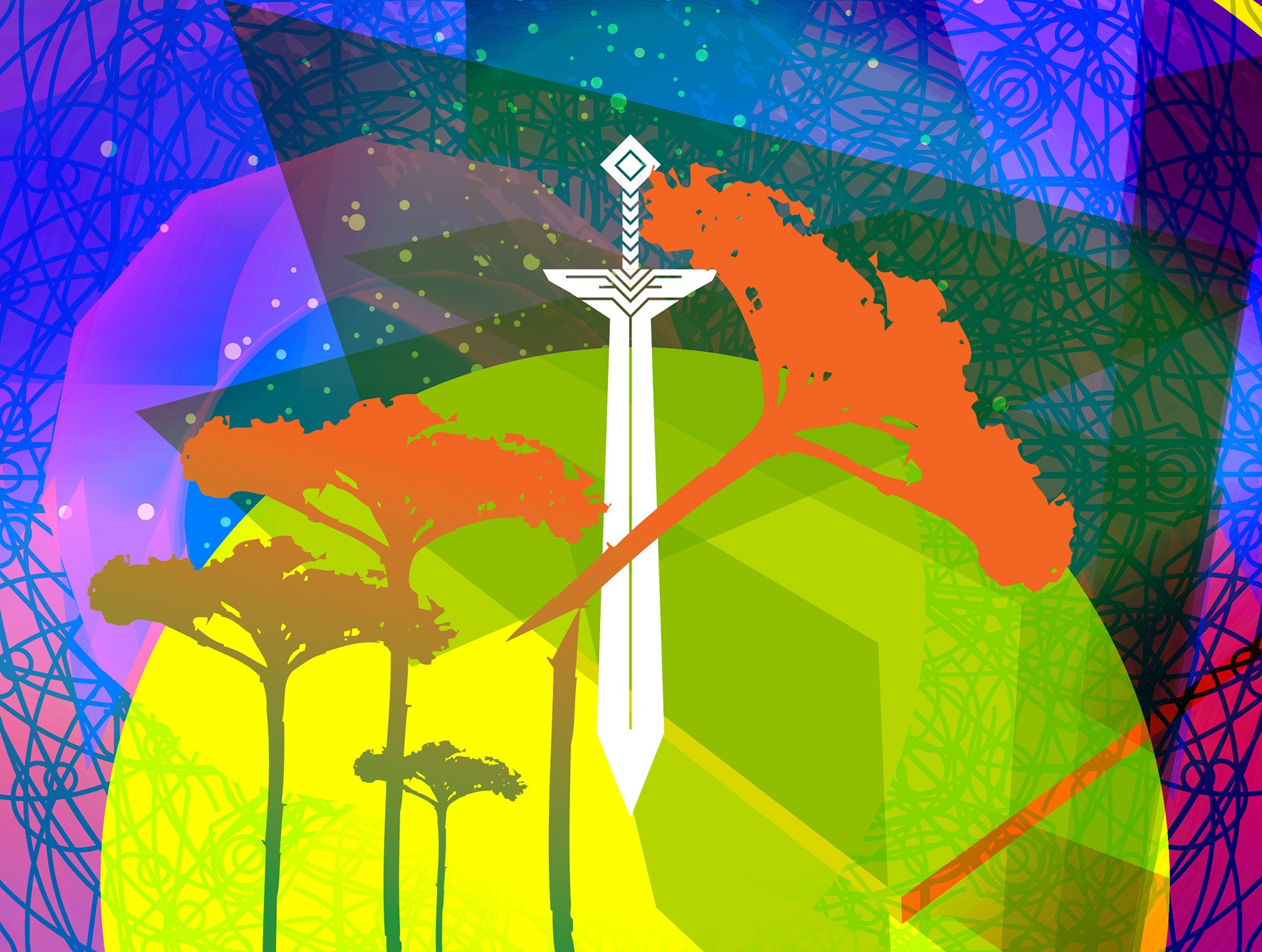 Cut, Gatis Cirulis, illustration, abstract, sword, trees, sun, dramatic