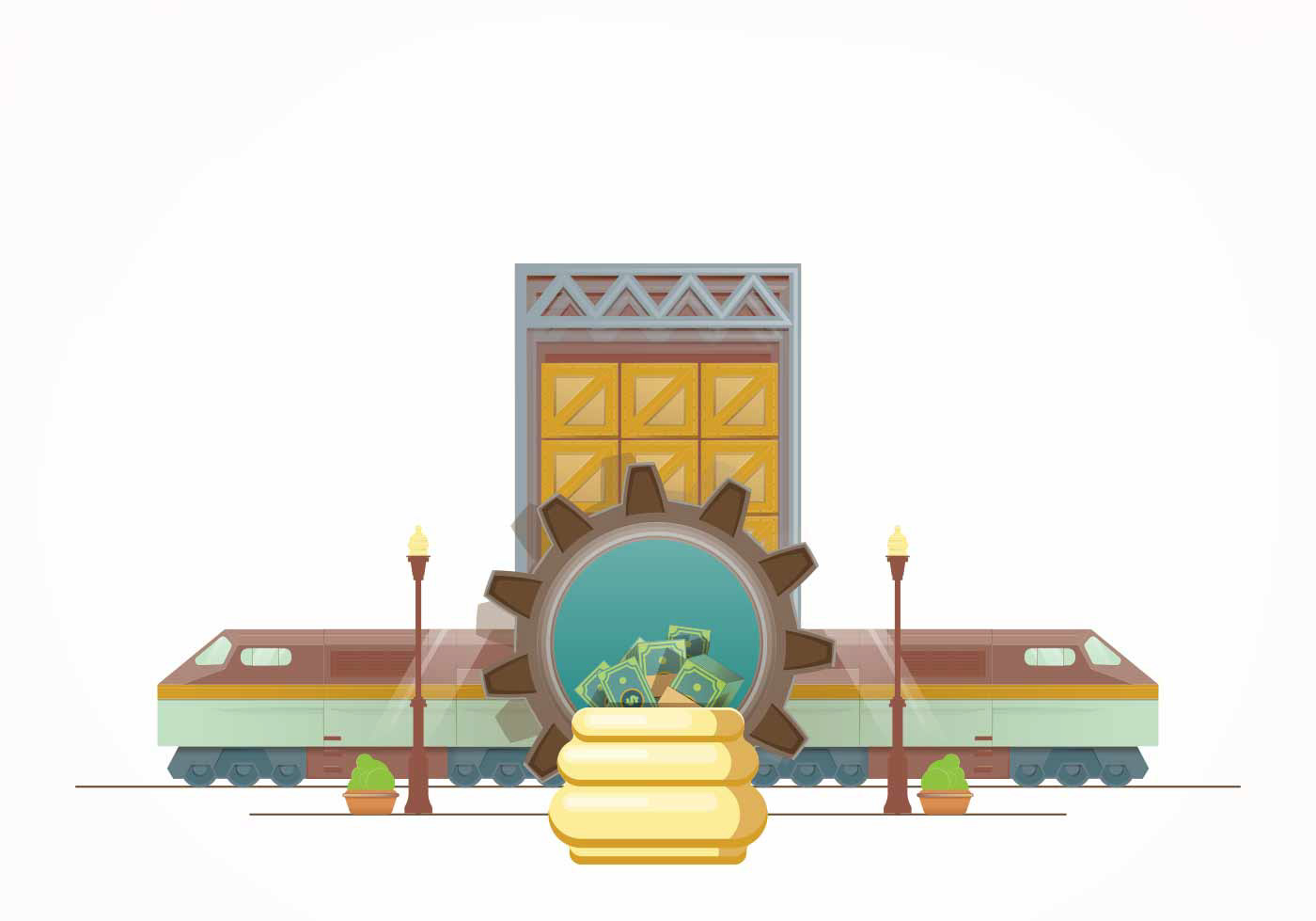 logistics, Gatis Cirulis, illustration, train, moony pot, boxes, gear, rails 