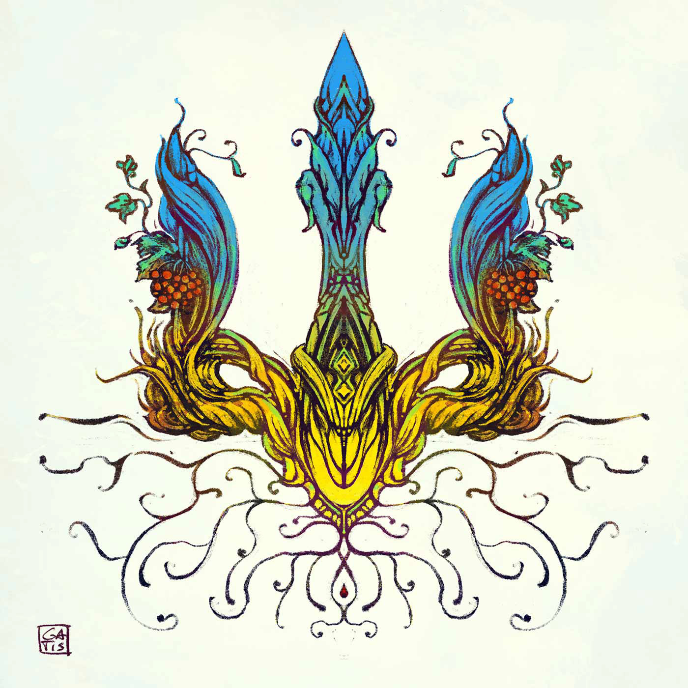 TRIDENT, Gatis Cirulis, illustration, Plants, life, roots, blue, yellow, glory to Ukraine 