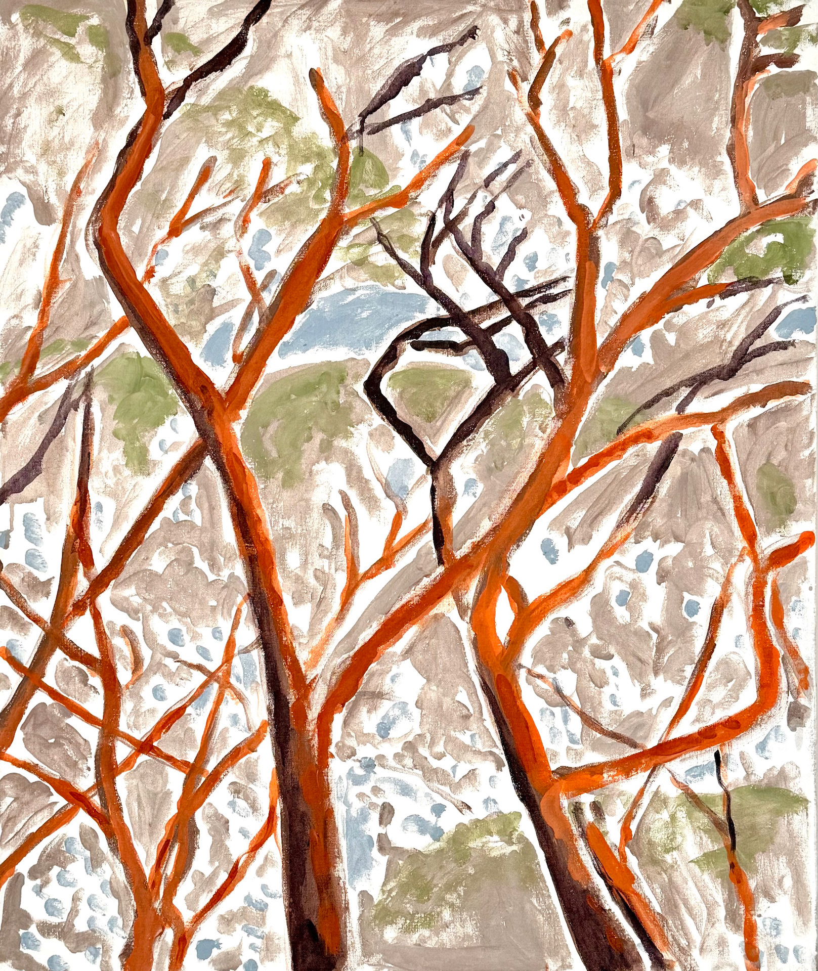 "Hoog oplaaiende kruinen, acryl op linnen, 90 x 75 cm',