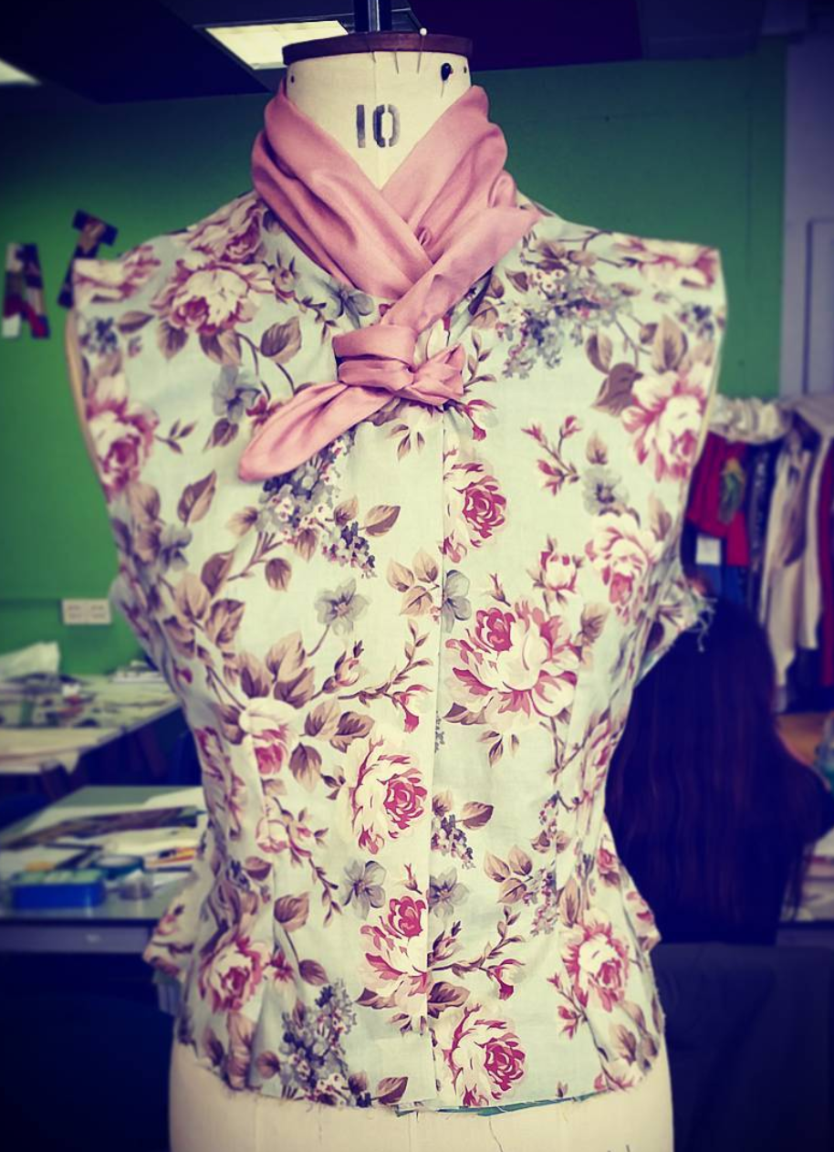 (Designer, Pattern Cutter & Machinist) bow blouse in floral cotton and dupion
