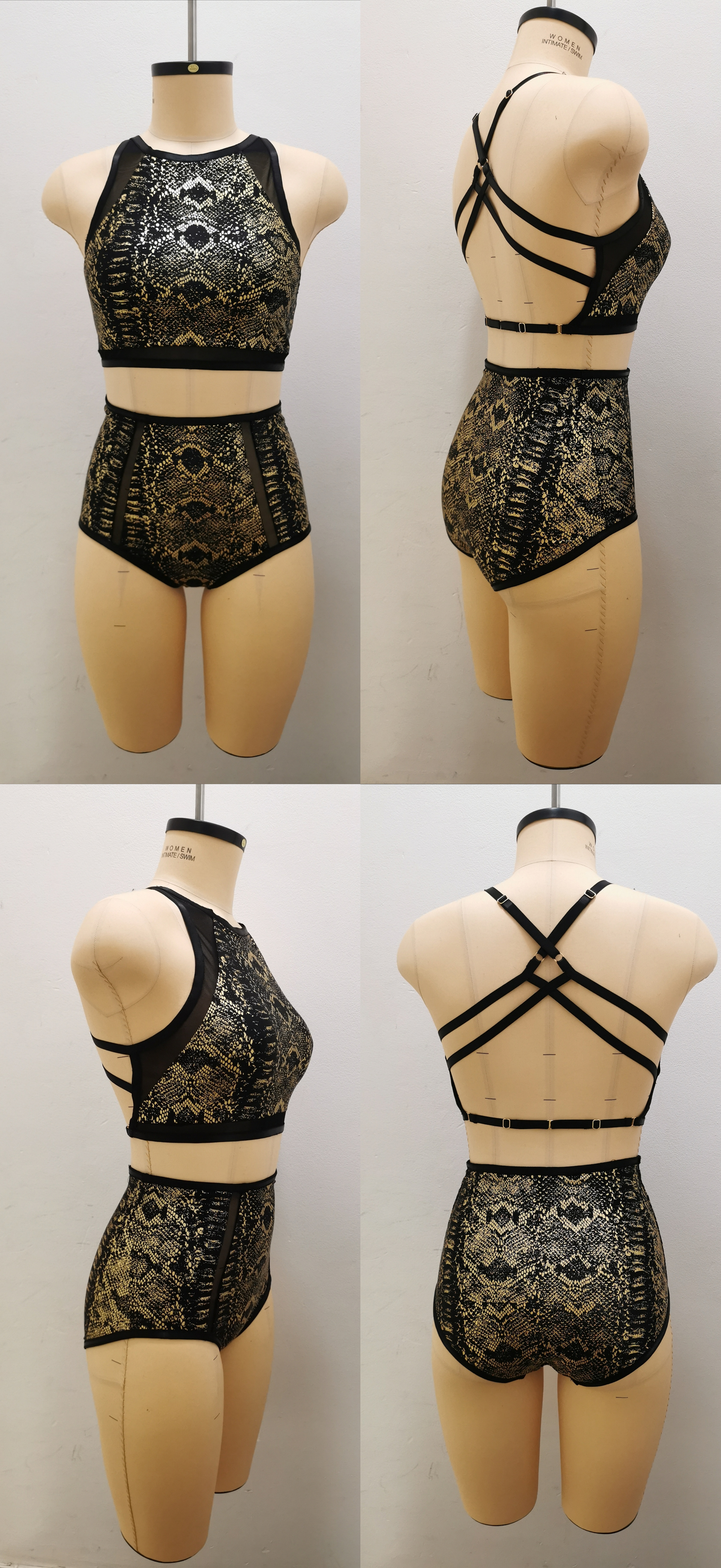 (Designer, Pattern Cutter & Machinist)Foiled lycra and mesh lined two piece with strappy back