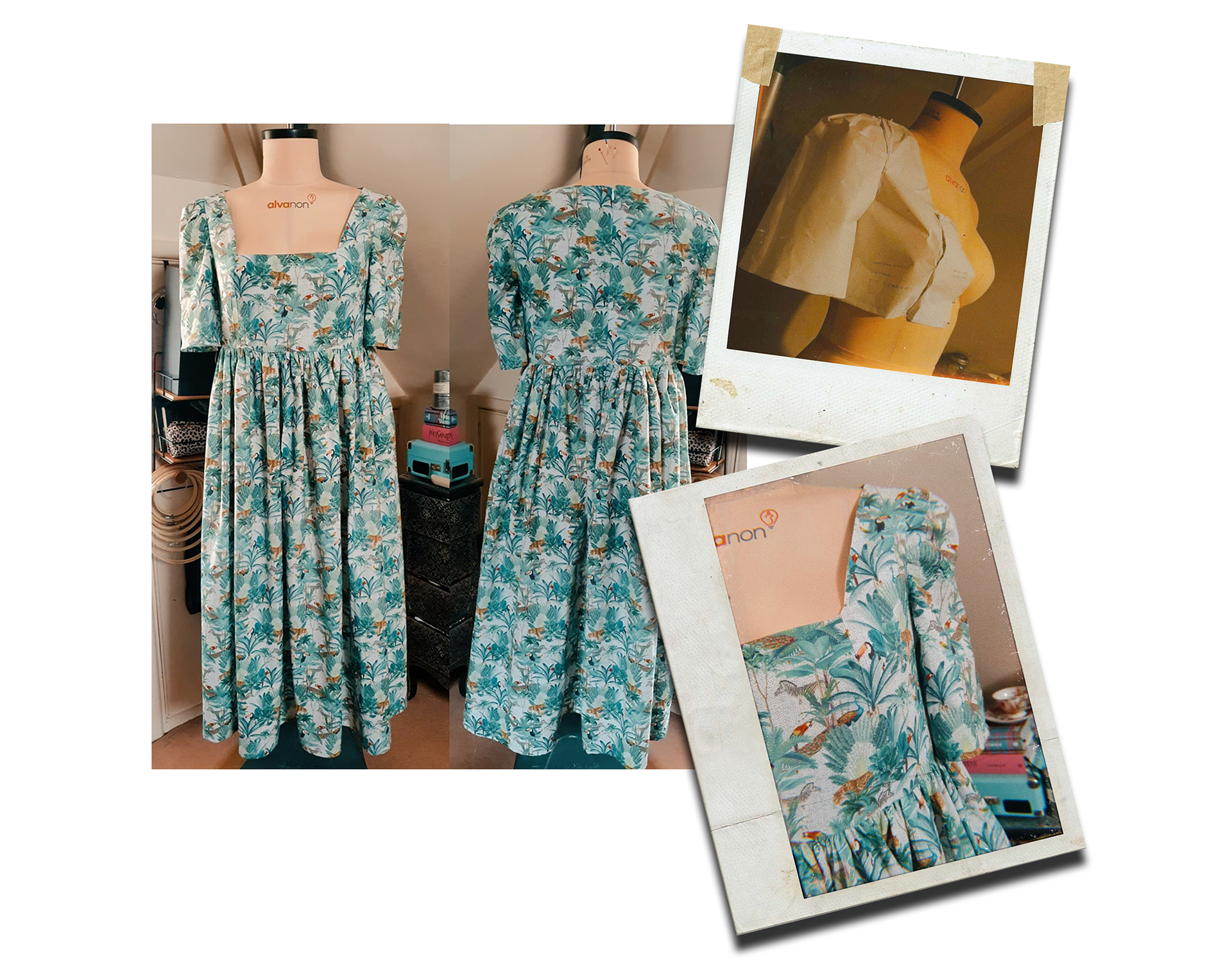 (Designer, Pattern Cutter & Machinist) Jungle print square neck dress with lining