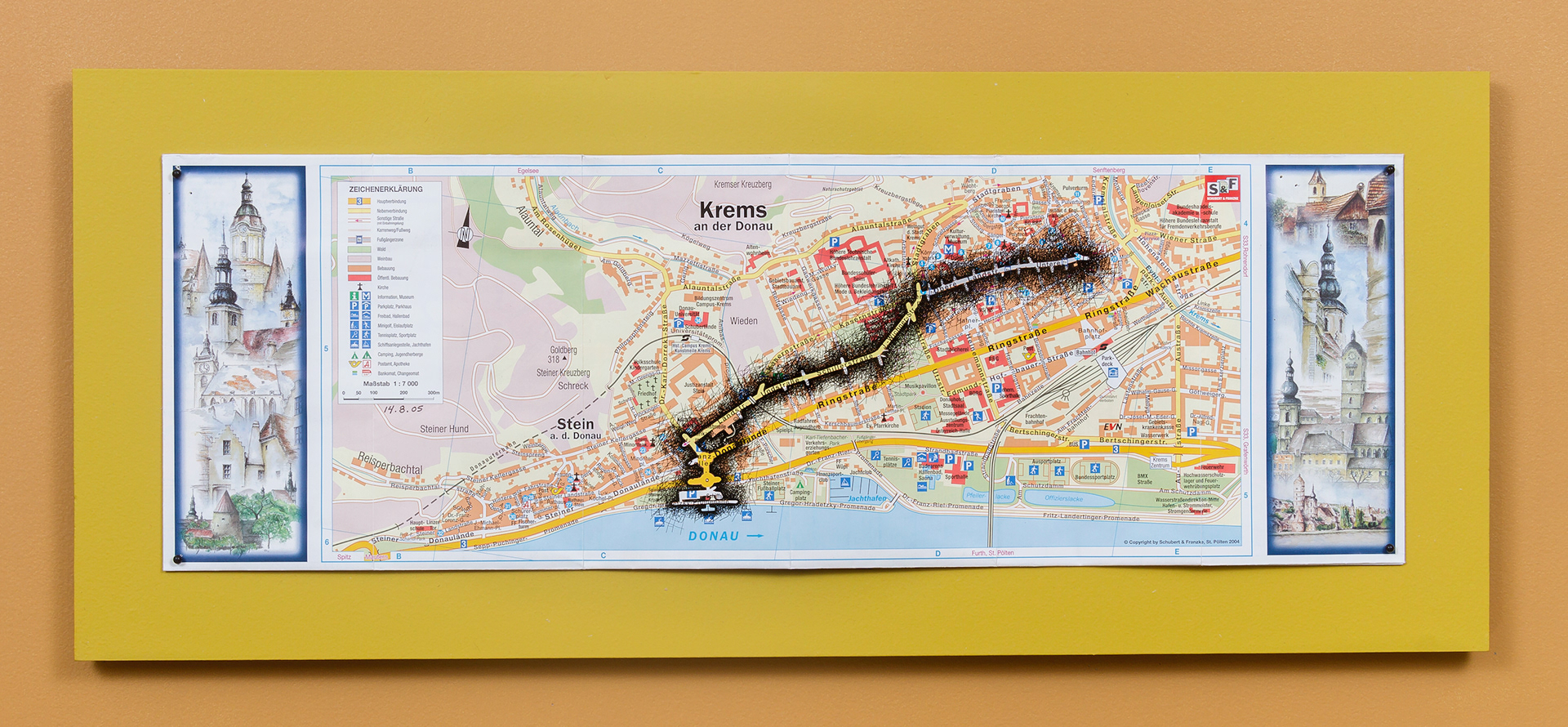 [K1a] Ant Farm Self-Portrait: Where did I travel within Krems-Stein, Austria from 25/7/05-18/8/05? - Day 21: 14/8/05, 2005-08 archival ink on tourist map pinned on painted wood panel 8 x 24 x 1 in (20.32 x 60.96 x 2.54 cm)