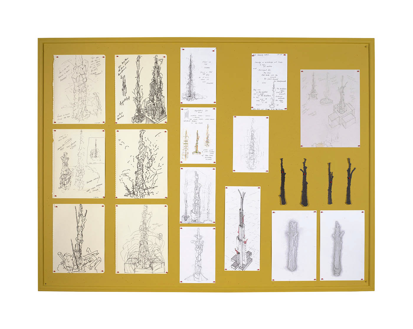 Wise One Study Drawings #2, 2022-25 bulletin board with study drawings 36 x 48 x 1 in (91.44 x 121.92 x 2.54 cm)