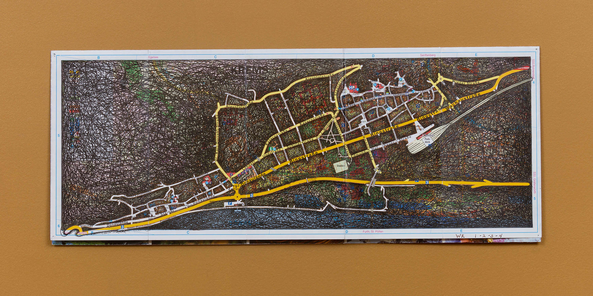 Ant Farm Self-Portrait: Where did I travel within Krems-Stein, Austria from 25/7/05-18/8/05? - Weeks 1 thru 4: 25/7/05-18/8/05, 2005-08 archival ink on tourist map 8 x 20 in (20.32 x 50.8 cm)