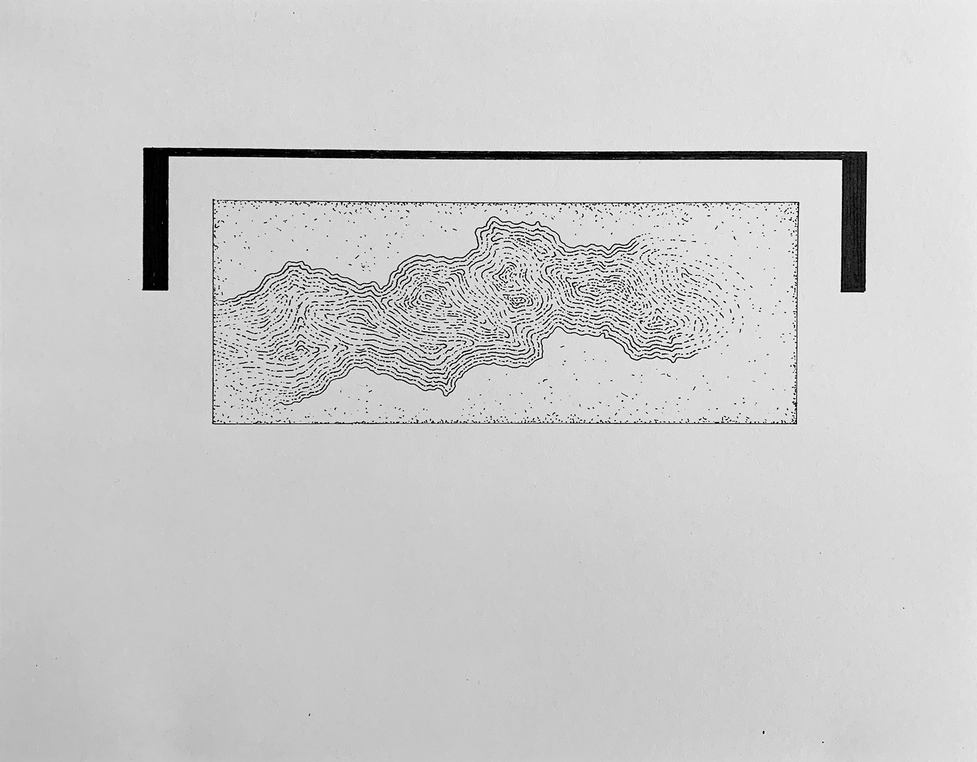 [OW7] Ox-Bow Water-line prep drawing #6 for Malmo installation, 2021 ink and color pencil on card stock Paper size: 8.5 x 11 in (21.59 x 27.94 cm) Framed: 9 x 11.5 x 0.5 in (22.86 x 29.21 x 1.27 cm)