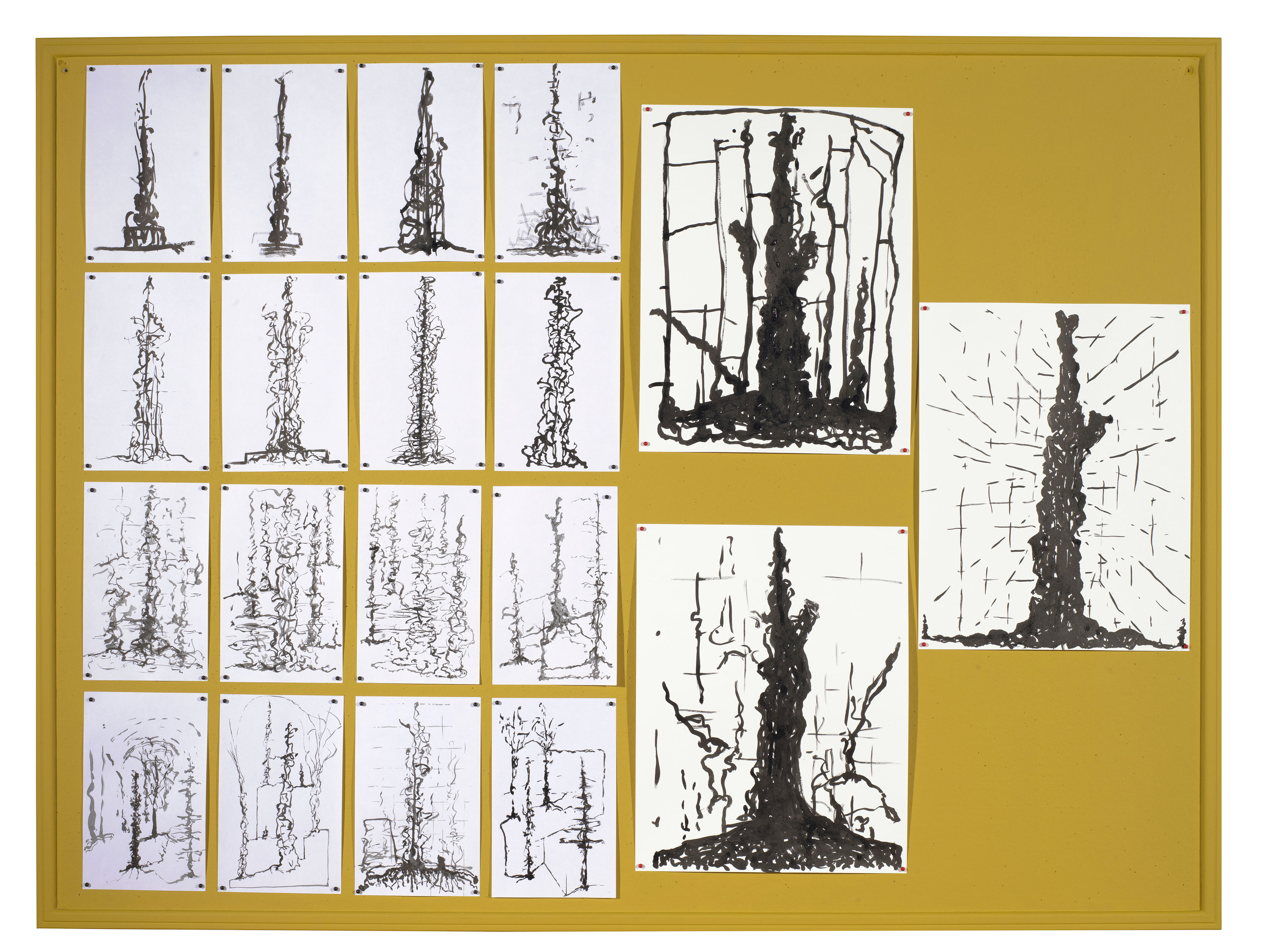 [W23 - 19 pieces] Wise One Study Drawings #1, 2022-25 bulletin board with study drawings 36 x 48 x 1 in (91.44 x 121.92 x 2.54 cm)