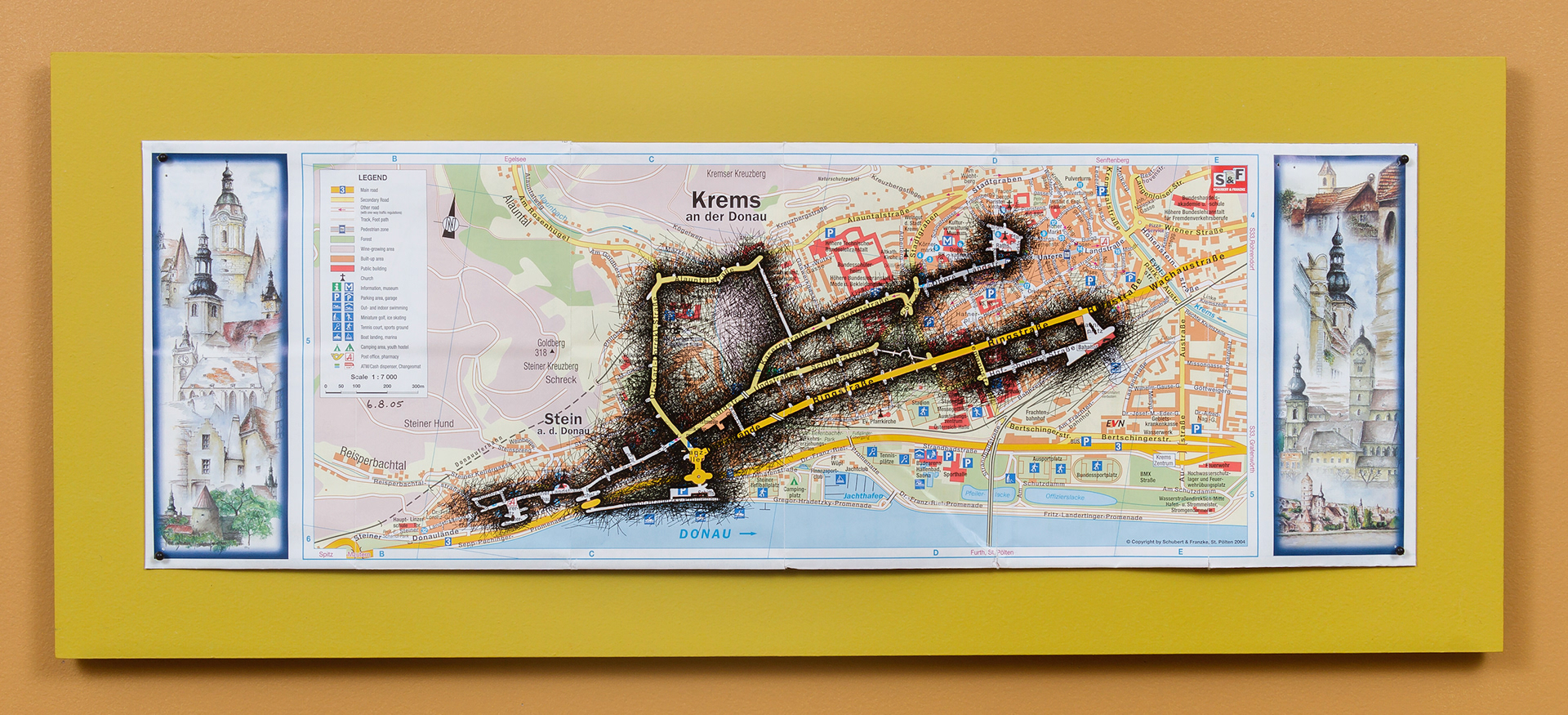 [K1a] Ant Farm Self-Portrait: Where did I travel within Krems-Stein, Austria from 25/7/05-18/8/05? - Day 13: 6/8/05, 2005-08 archival ink on tourist map pinned on painted wood panel 8 x 24 x 1 in (20.32 x 60.96 x 2.54 cm)