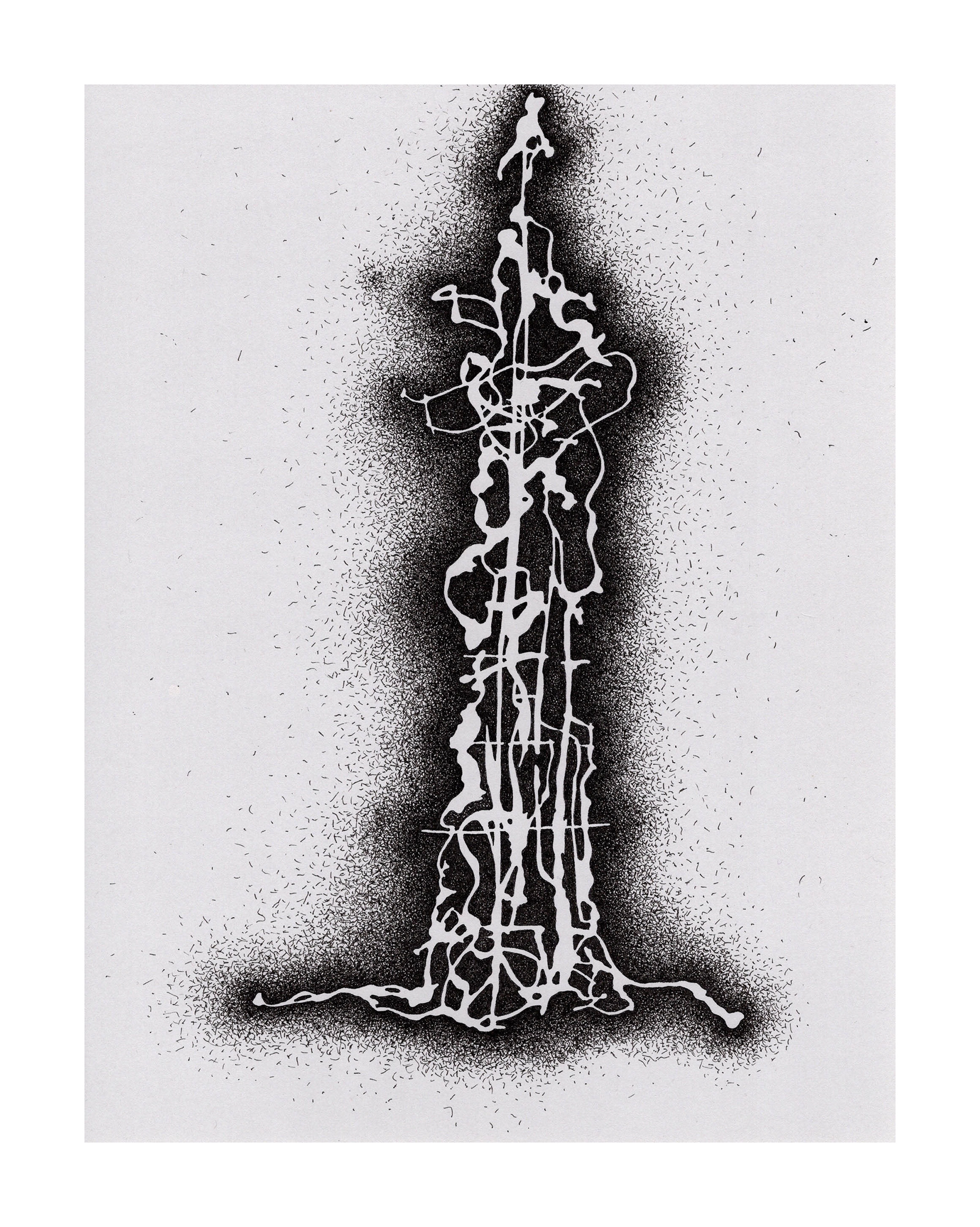 Amputated Wise Oak, Re-formed Gesture Studies Negative 5 for stage set, 2024 ink on gray card stock Paper size: 11 x 8 in (27.94 x 20.32 cm) Framed: 13 x 10 x 1.5 in (33.02 x 25.4 x 3.81 cm)