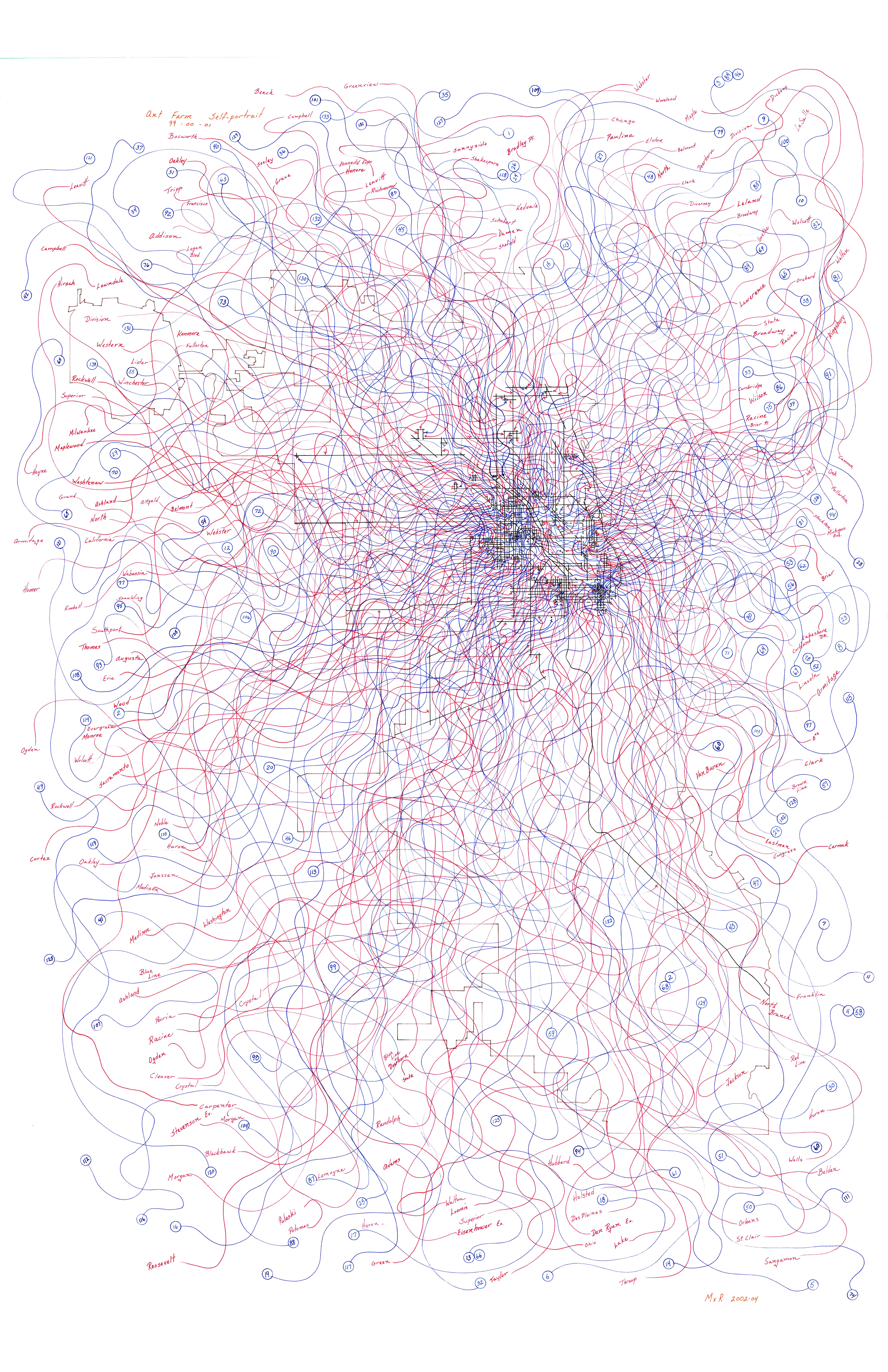 [AFC1] Ant Farm Self-Portrait: Where did I travel within the Chicago city limits...1999-2000-2001?/diagram, 2002-04 archival colored pens on vellum Framed: 62 x 41 x 2.5 in (157.48 x 104.14 x 6.35 cm)