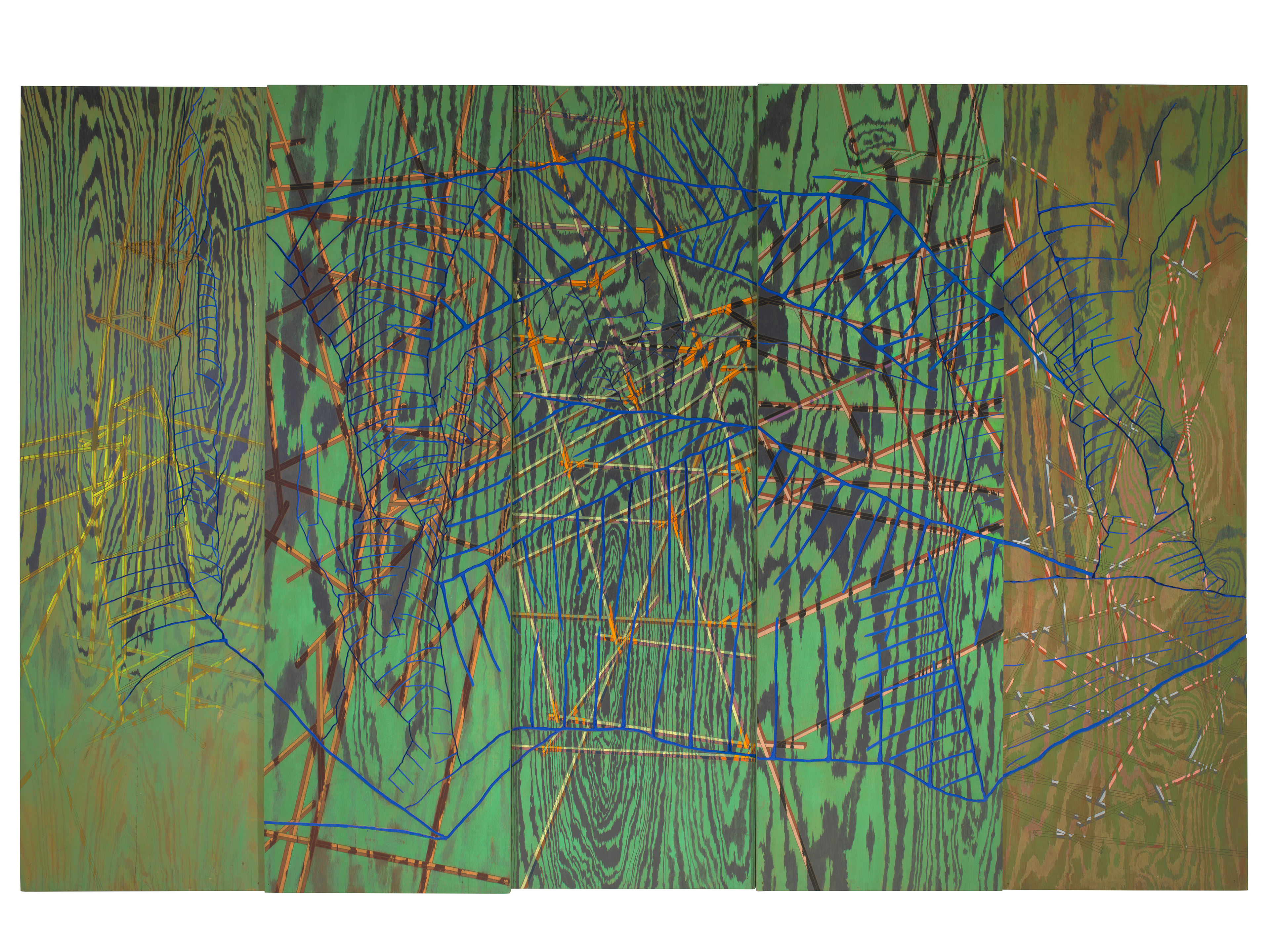 Ox-Bow Landscape #1 - M+O - Mix - Final, 1983-84 acrylic and oil pens on routed plywood 72 x 108 x 3 in (182.88 x 274.32 x 7.62 cm)