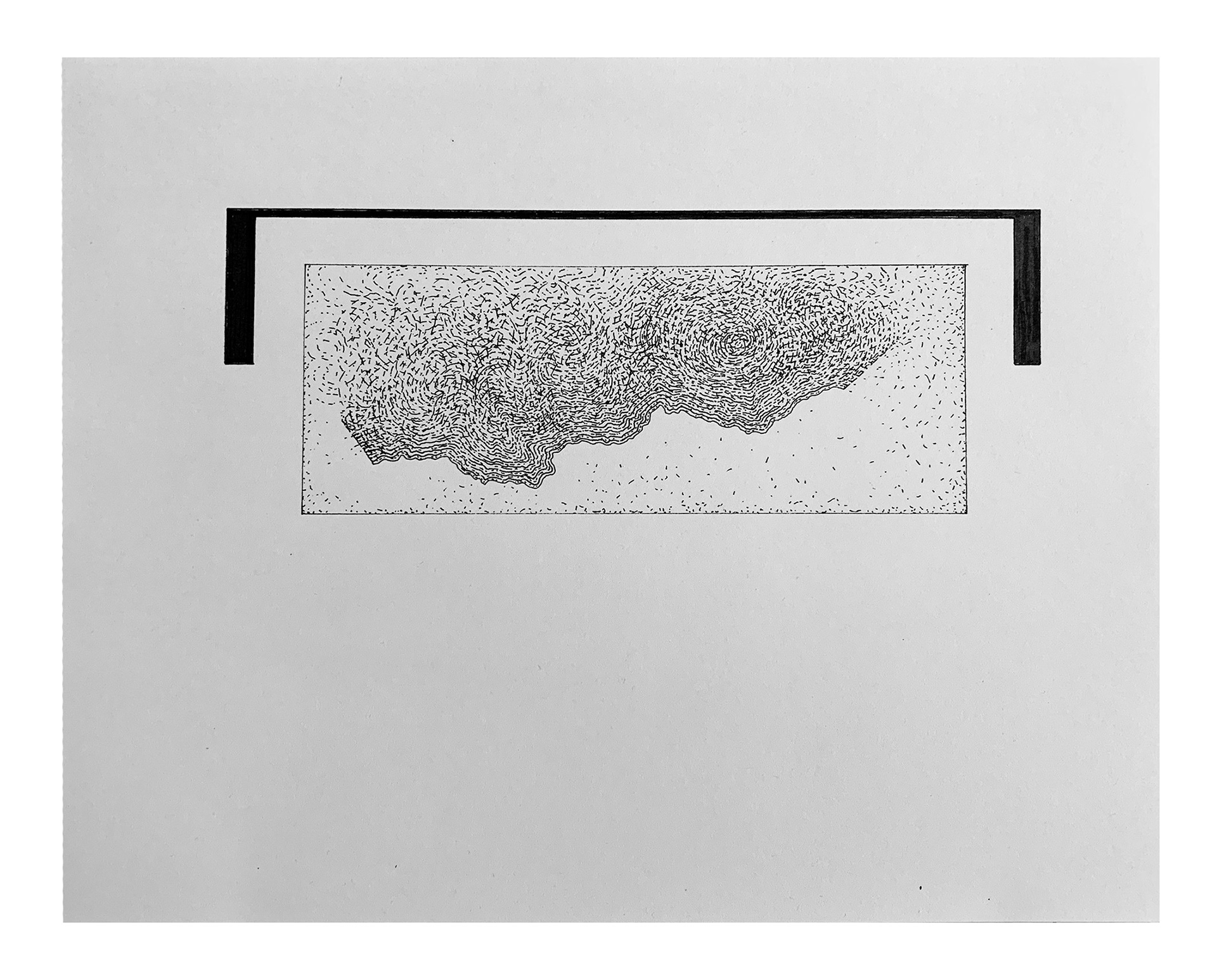 Ox-Bow Water-line prep drawing #7 for Malmo installation, 2021 ink and color pencil on card stock Paper size: 8.5 x 11 in (21.59 x 27.94 cm) Framed: 9 x 11.5 x 0.5 in (22.86 x 29.21 x 1.27 cm)