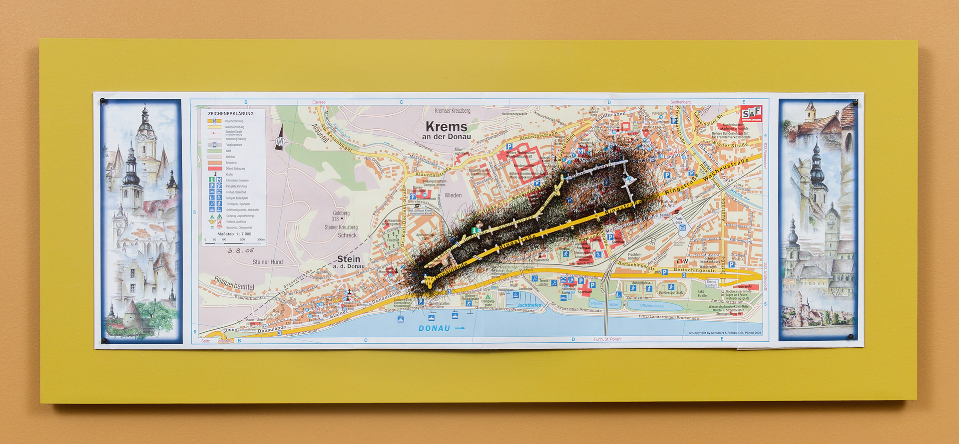 [K1a] Ant Farm Self-Portrait: Where did I travel within Krems-Stein, Austria from 25/7/05-18/8/05? - Day 10: 3/8/05, 2005-08 archival ink on tourist map pinned on painted wood panel 8 x 24 x 1 in (20.32 x 60.96 x 2.54 cm)