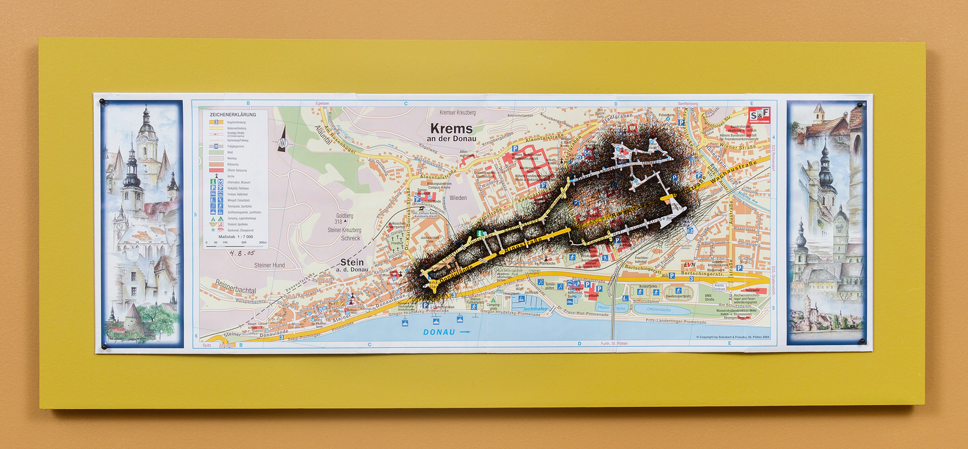 [K1a] Ant Farm Self-Portrait: Where did I travel within Krems-Stein, Austria from 25/7/05-18/8/05? - Day 11: 4/8/05, 2005-08 archival ink on tourist map pinned on painted wood panel 8 x 24 x 1 in (20.32 x 60.96 x 2.54 cm)