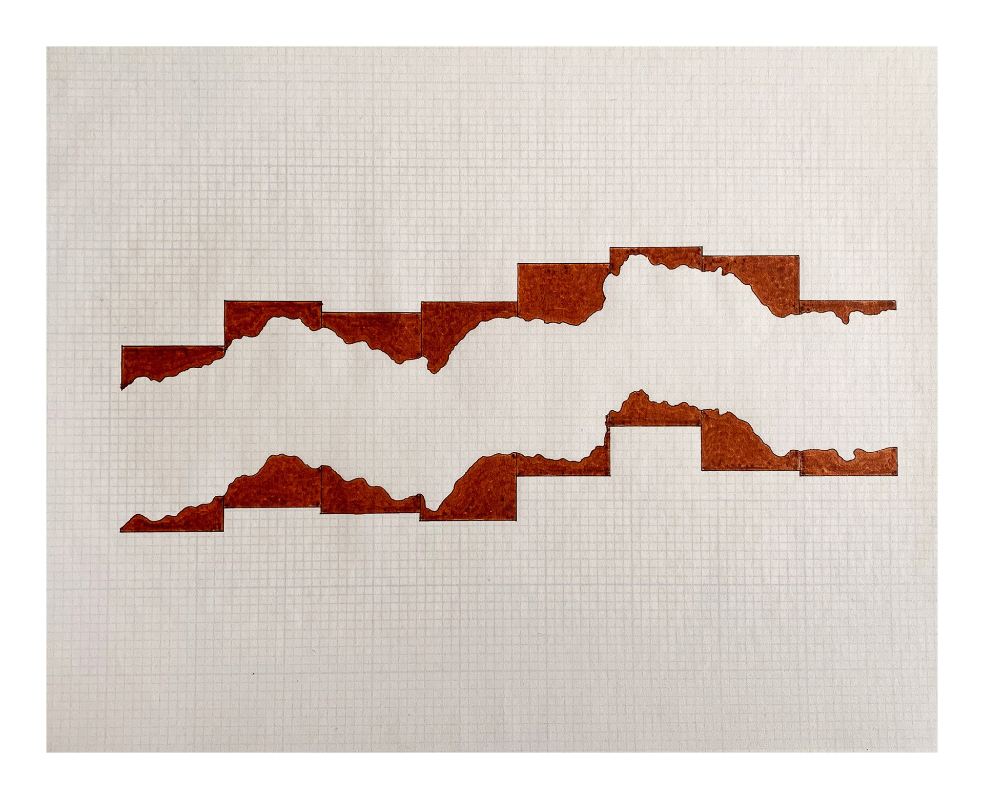 Ox-Bow Waterline Prep Drawing #2 for Malmo Installation, 2021, colored ink on graph paper 
