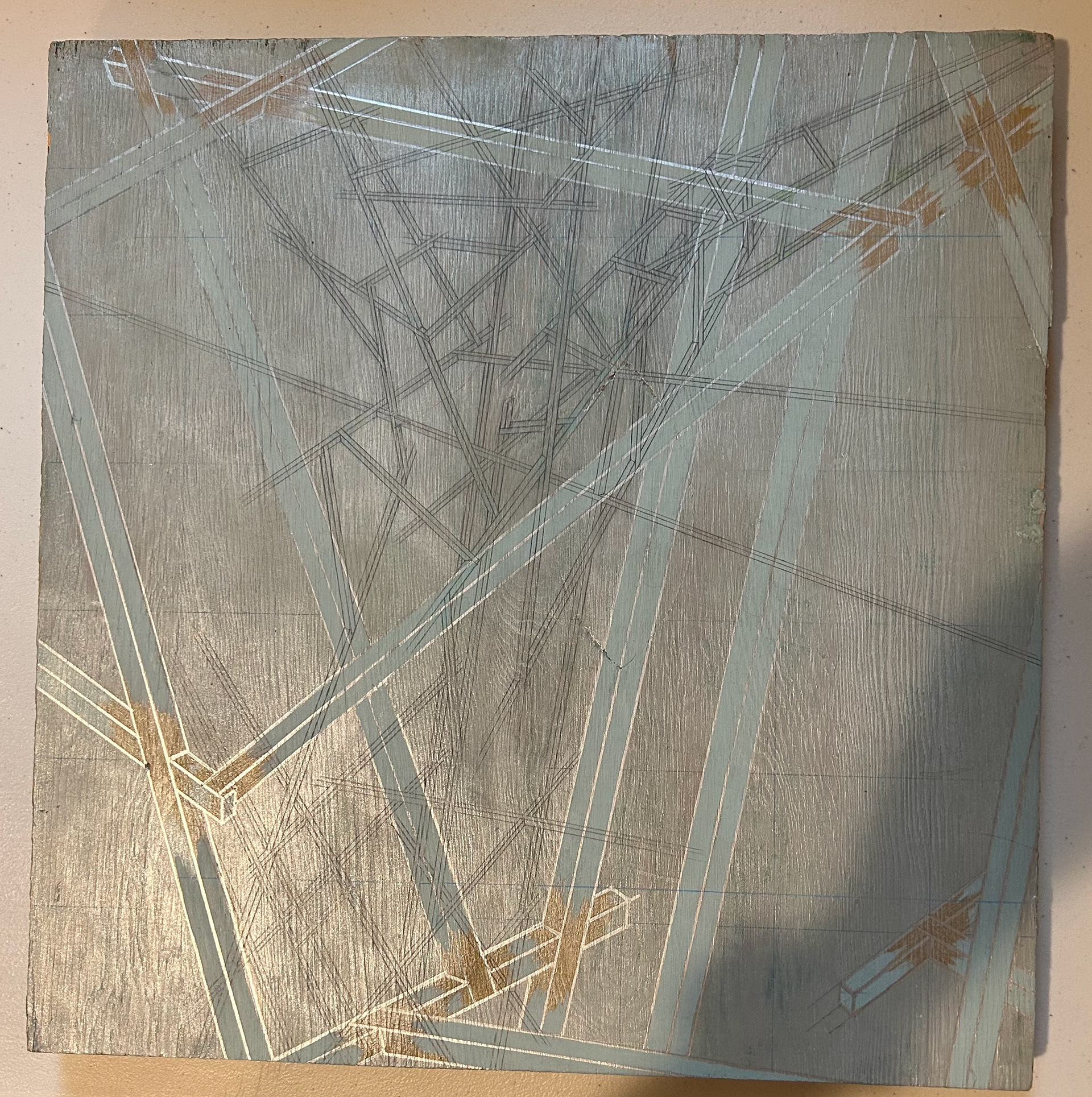 Ox-Bow Landscape #1 - L1 - T2 - Panel 1, 1983-84 acrylic and graphite on plywood 14.5 x 14 x 1.5 in (36.83 x 35.56 x 3.81 cm)